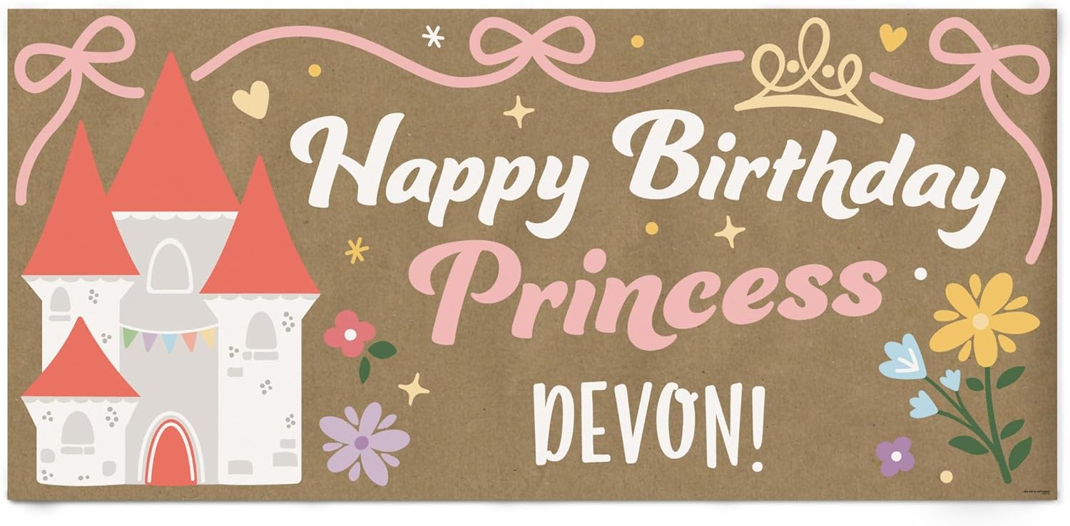 Big Dot of Happiness Personalized Princess Birthday Kraft Paper Banner, Pink Princess Castle Happy Birthday Party Banner, Custom Name Printed Brown Paper Party Sign Decoration – 1 Count