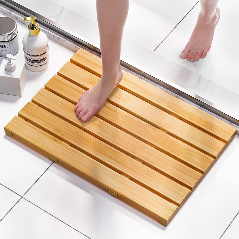 Domax Bamboo Bath Mat - Non Slip Wood Shower Mat for Bathroom | Wooden Floor Mat for Sauna, Spa, Outdoor Use (Natural, 21.26 x 14.17 x 1.3 Inch)