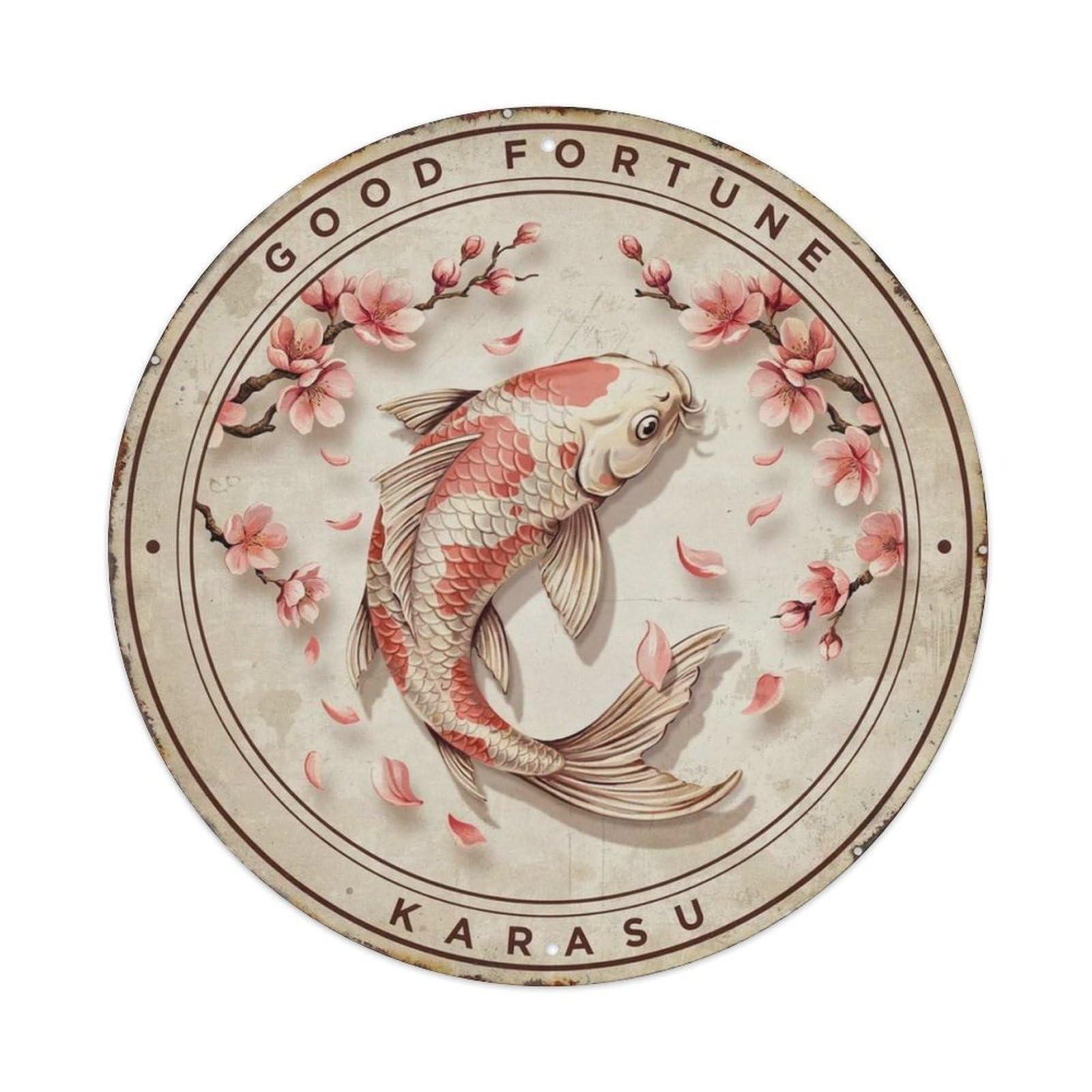 Cherry Blossom Koi 3D Round Metal Tin Sign Plaque