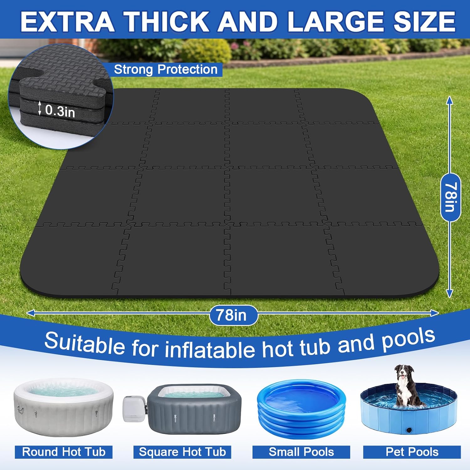 Nuanchu 78" Square Hot Tub Pad, 0.3 in Thick EVA Foam Hot Tub Mat, Black image 2