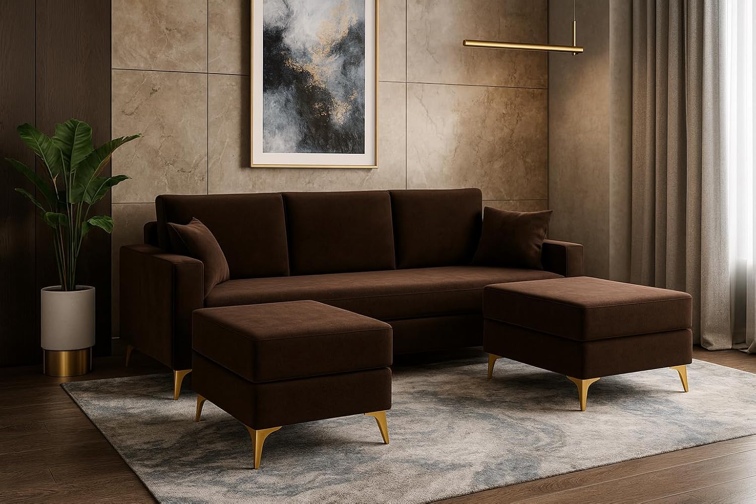 Bravelle 3 Seater Modular Sofa Set with 2 Ottoman | Soft Velvet Suede Fabric | Modern Design | Plush Comfort Cushions for Living Room (Dark Brown Color) Bravelle 3 Seater Modular Sofa Set with 2 Ottoman | Soft Velvet Suede Fabric | Modern Design | Plush Comfort Cushions for Living Room (Dark Brown Color)