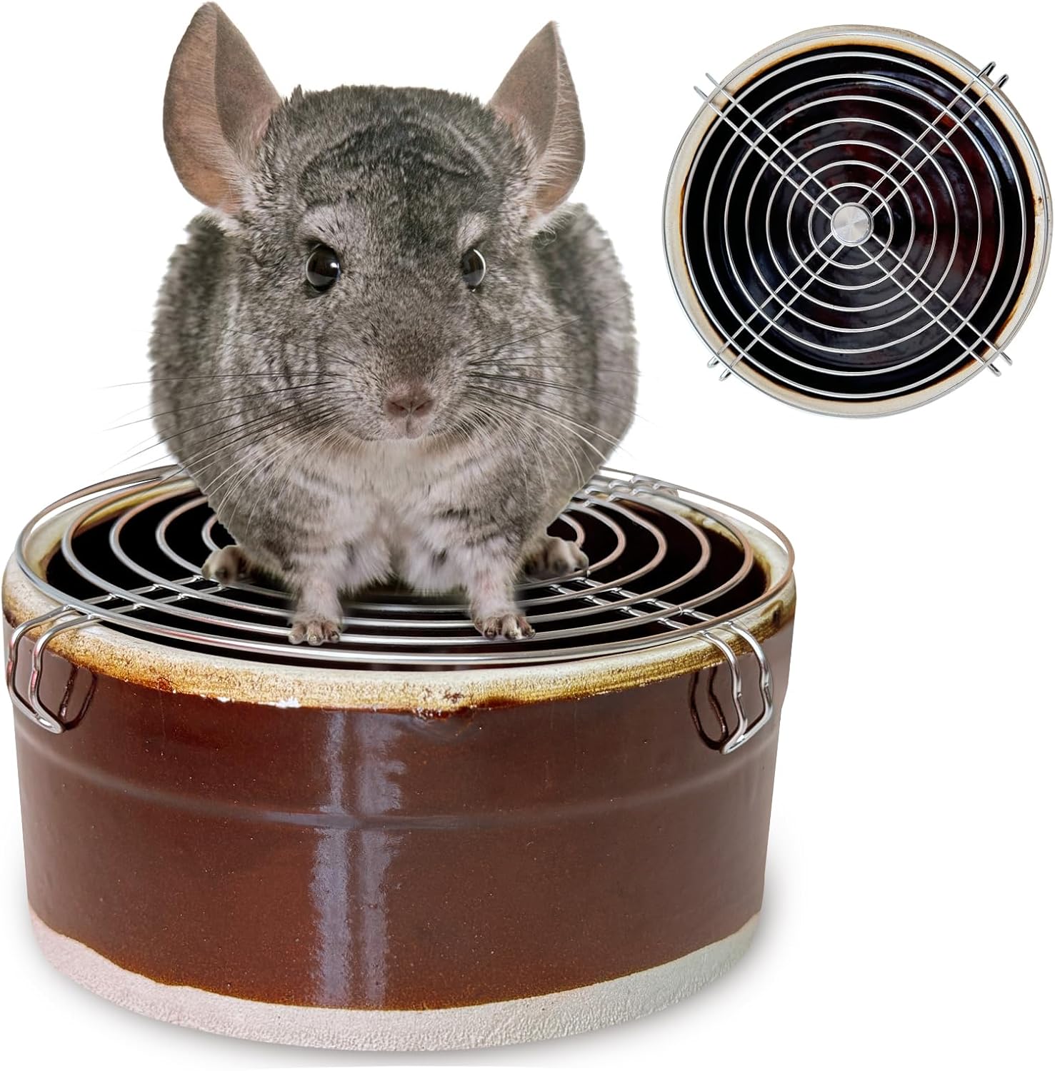 Ceramic Chinchilla Litter Box Corner Litter Box for Small Pets Round Potty Trainer Corner Litter with Stainless Steel Grids Chew-Resistant，Anti-Slip Pet Pan for Chinchillas, Small Animals