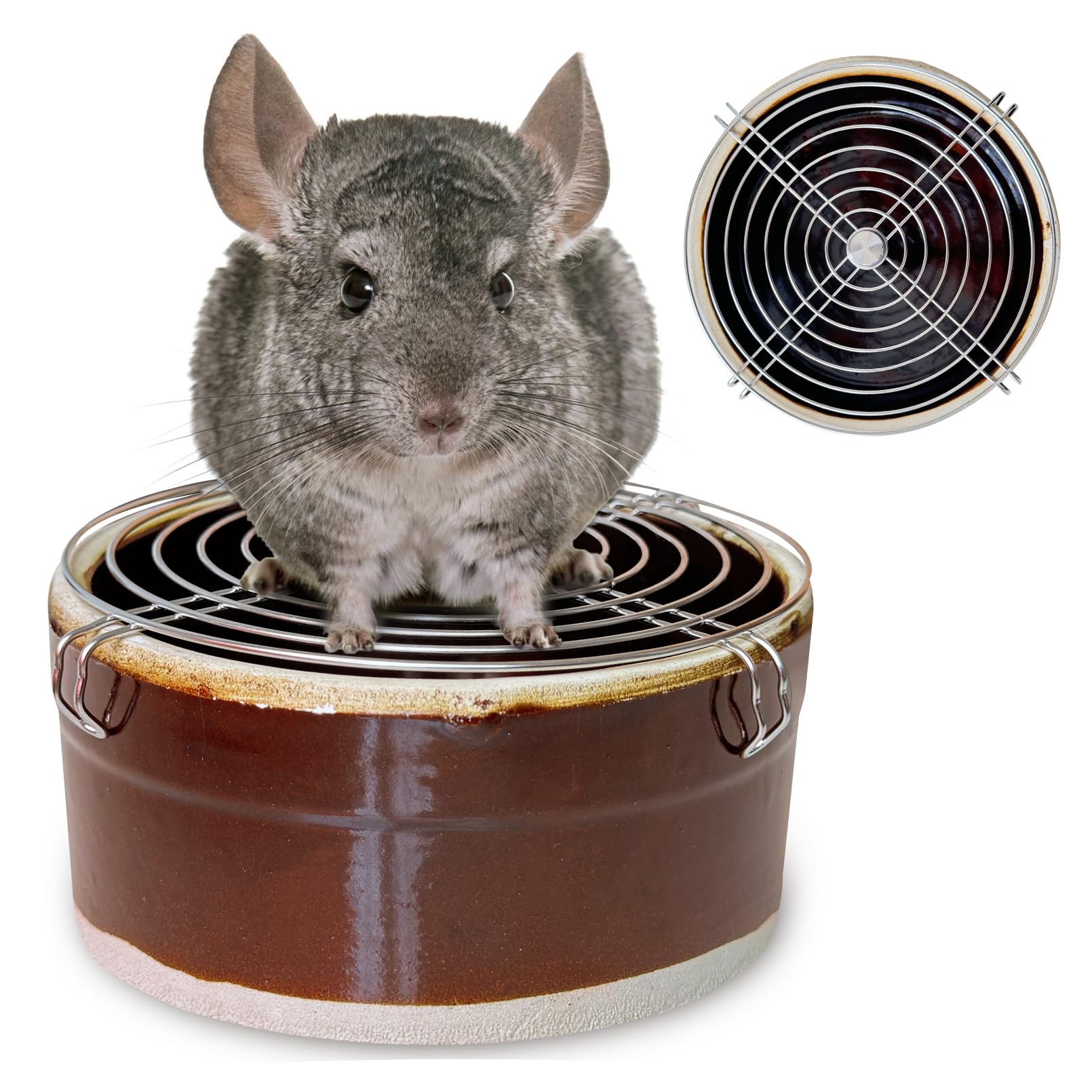 Arfubye Ceramic Chinchilla Litter Box Corner Litter Box for Small Pets Round Potty Trainer Corner Litter with Stainless Steel Grids Chew-Resistant，Anti-Slip Pet Pan for Chinchillas, Small Animals