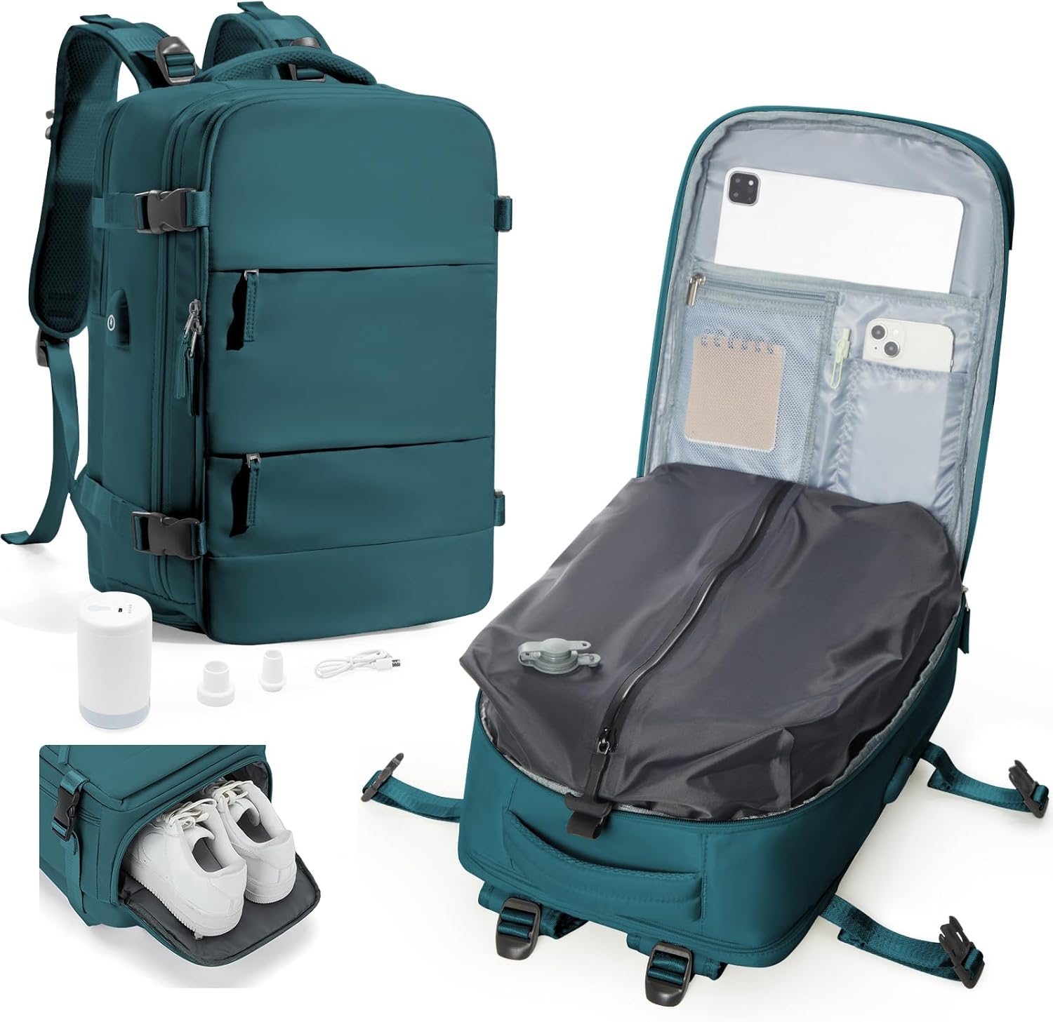 Vacuum Backpack Travel, Travel Backpack with Vacuum System,18x14x8 Personal Item Size Carry on Travel Vacuum Bags with Pump, Mochila de viaje compresion al vacio, Peacock Blue