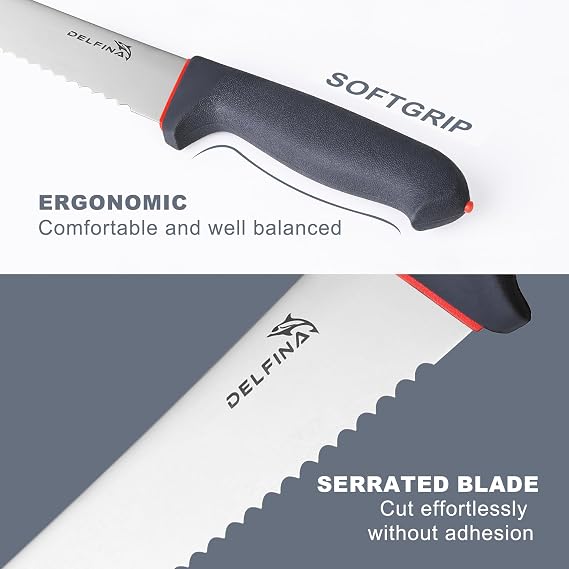 DELFINA 10 Serrated Bread Knife for Sourdough W/Sheath | Nonstick 10 serrated blade, Ideal for sourdough, crusty bread & cake,Softgrip handle,Dishwasher safe Sheath included.