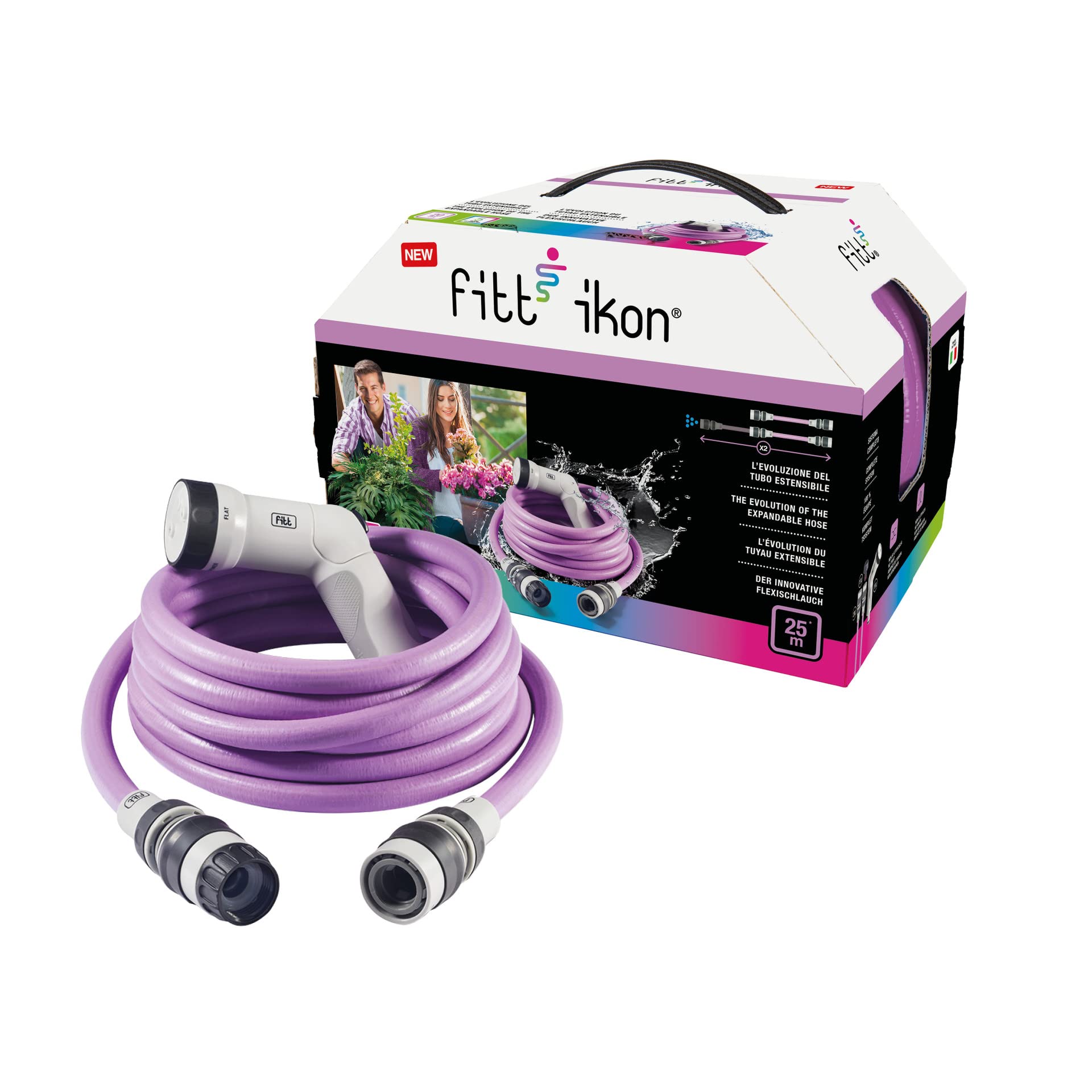 FITT IKON 25 m, Tubo Acqua da Giardino per Irrigazione, Estensibile, Compatto, Leggero e Pronto all'uso, con Pistola Multigetto, Lavanda