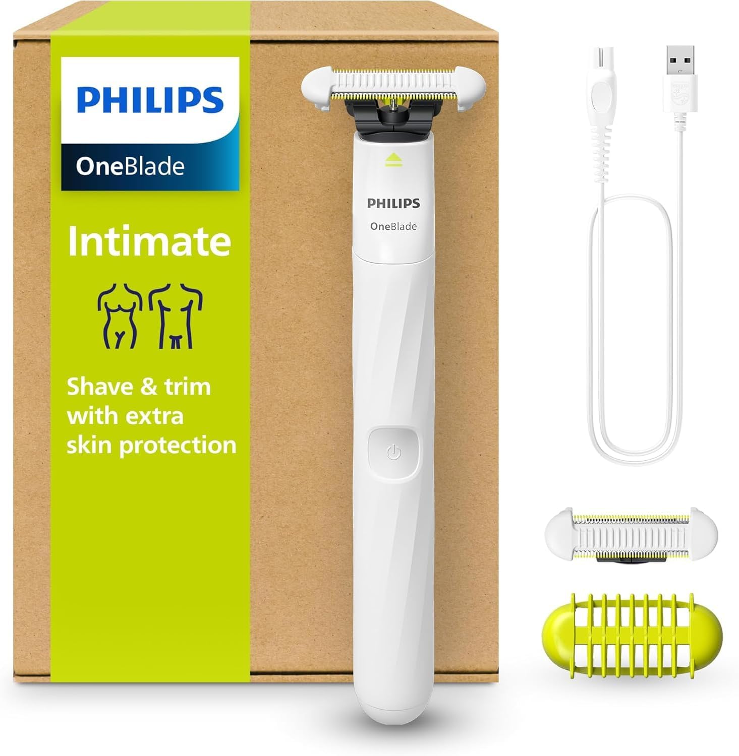 OneBlade Intimate Electric Shaver and Intimate Trimmer for Men and Women, with Extra Skin Protection, 2 x SkinProtect Blades, 1 x 3 mm Trimmer Attachment, QP1924/30, White
