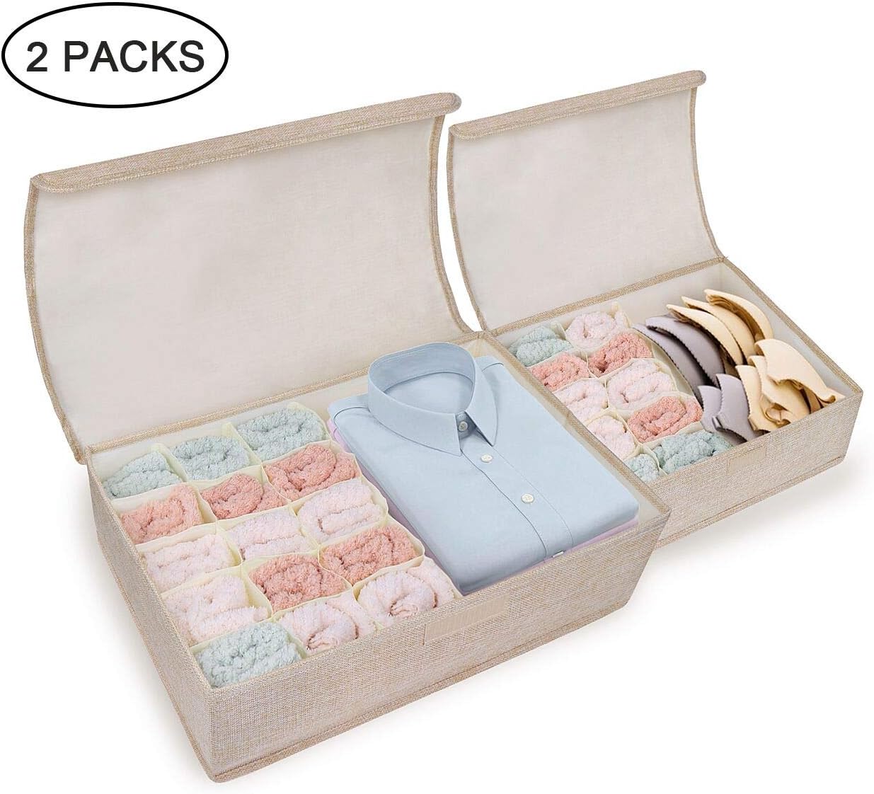 Drawer Organizer with Lids, 2 Pack Foldable Divider Organizers Closet Underwear Storage Box for Sortin Socks, Bra, Scarves and Lingerie in Wardrobe or Under Bed, Breathable Washable Linen Fabric