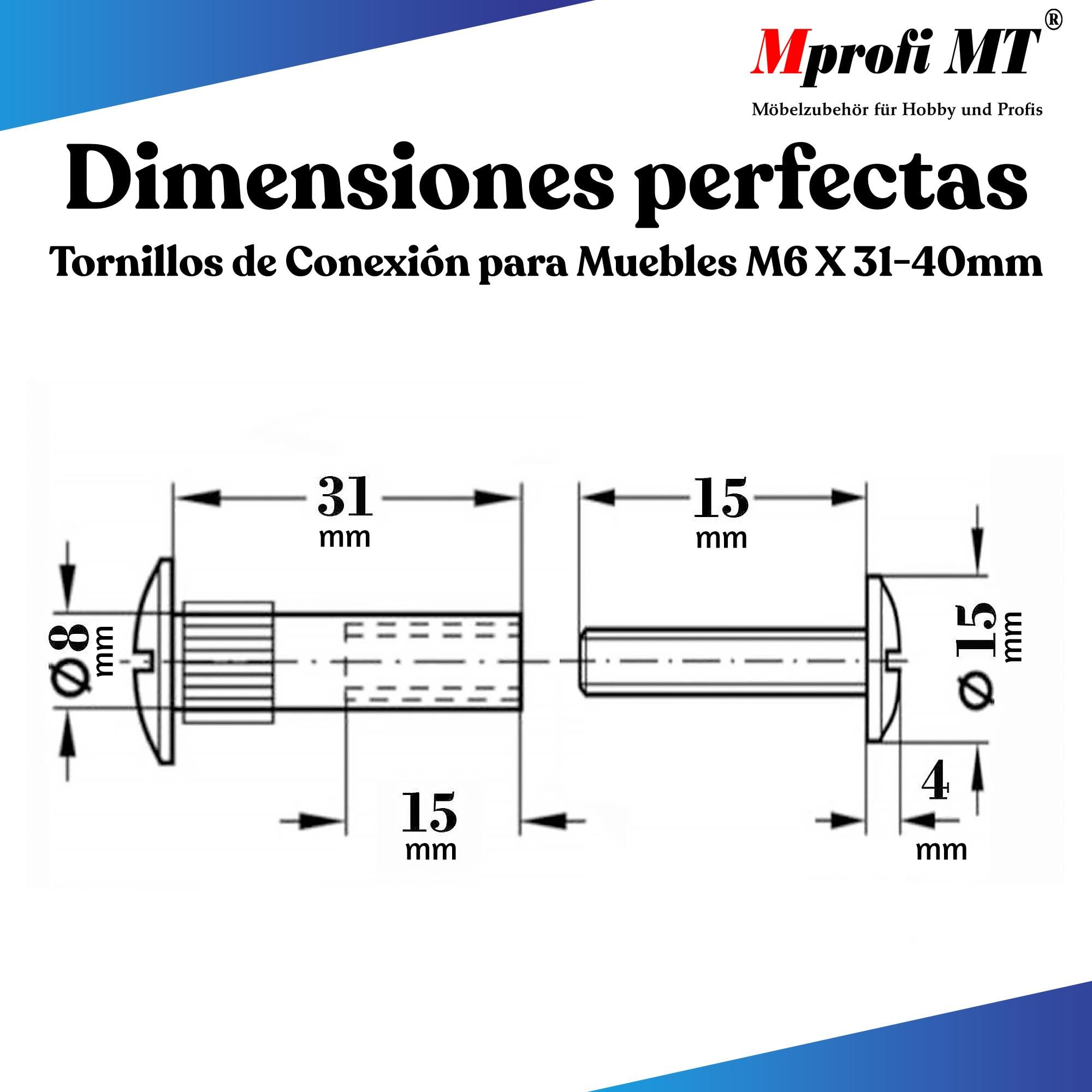 Mprofi MT® 50 Piezas | Tornillos de Conexión para Muebles M6 x 31–40mm | Conectores de Armario | Tornillos de Unión de Muebles | Fijación para Muebles | Totalmente Metálicos | Acero Inoxidable
