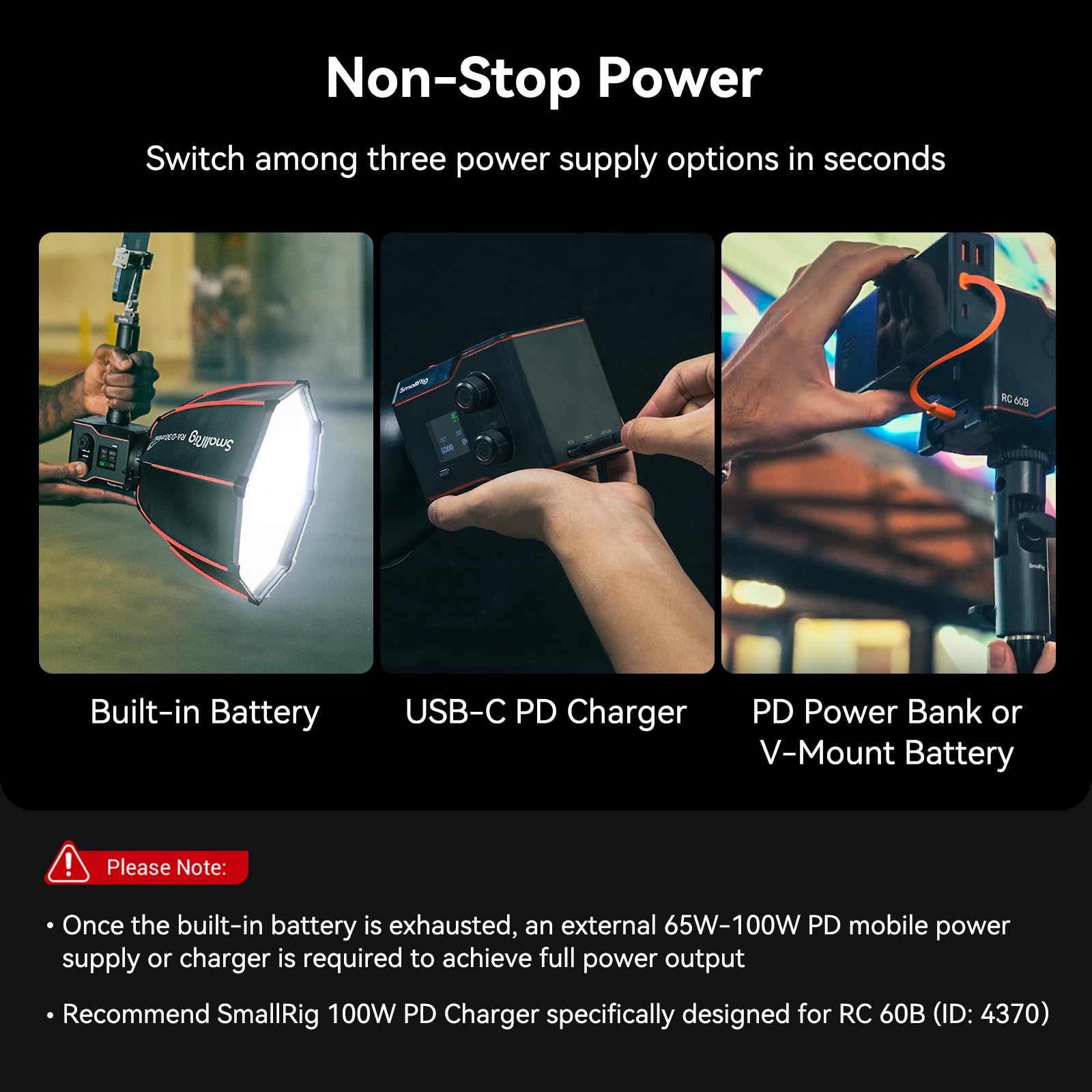 SMALLRIG RC60B COB Videoleuchte mit integriertem Akku 3400mAh, Typ-C PD-Schnellladung LED Video Light, tragbares zweifarbiges Licht, Dauerlichtausgabe mit 9 Lichteffekten RC 60B – 4376B