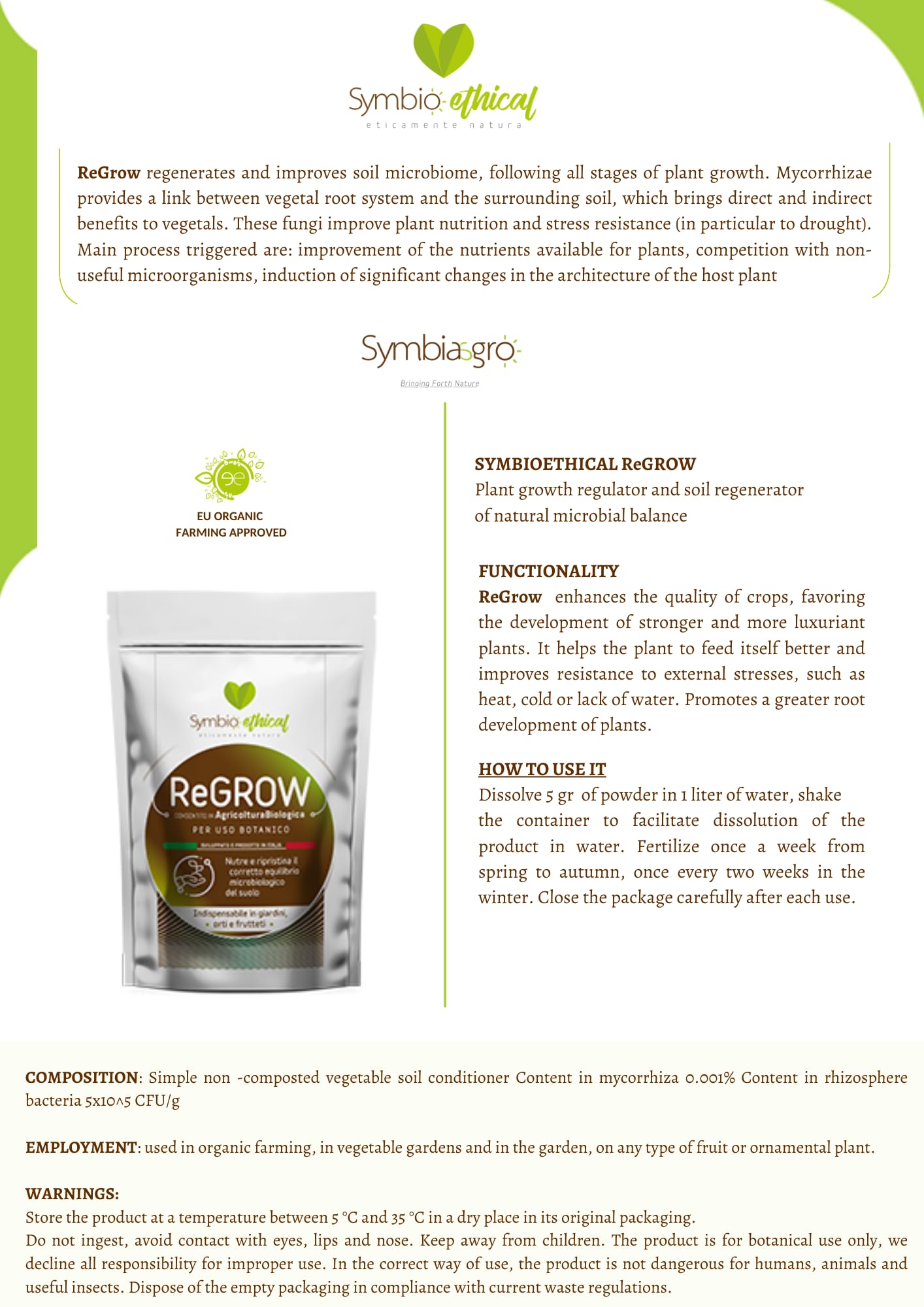 SYMBIOETHICAL - REGROW Biostimulante Enraizante para Plantas y Huertos, con Micorrizas y Microrganismos PGPR, para Agricultura Ecológica, Made in Italy, 500 gr