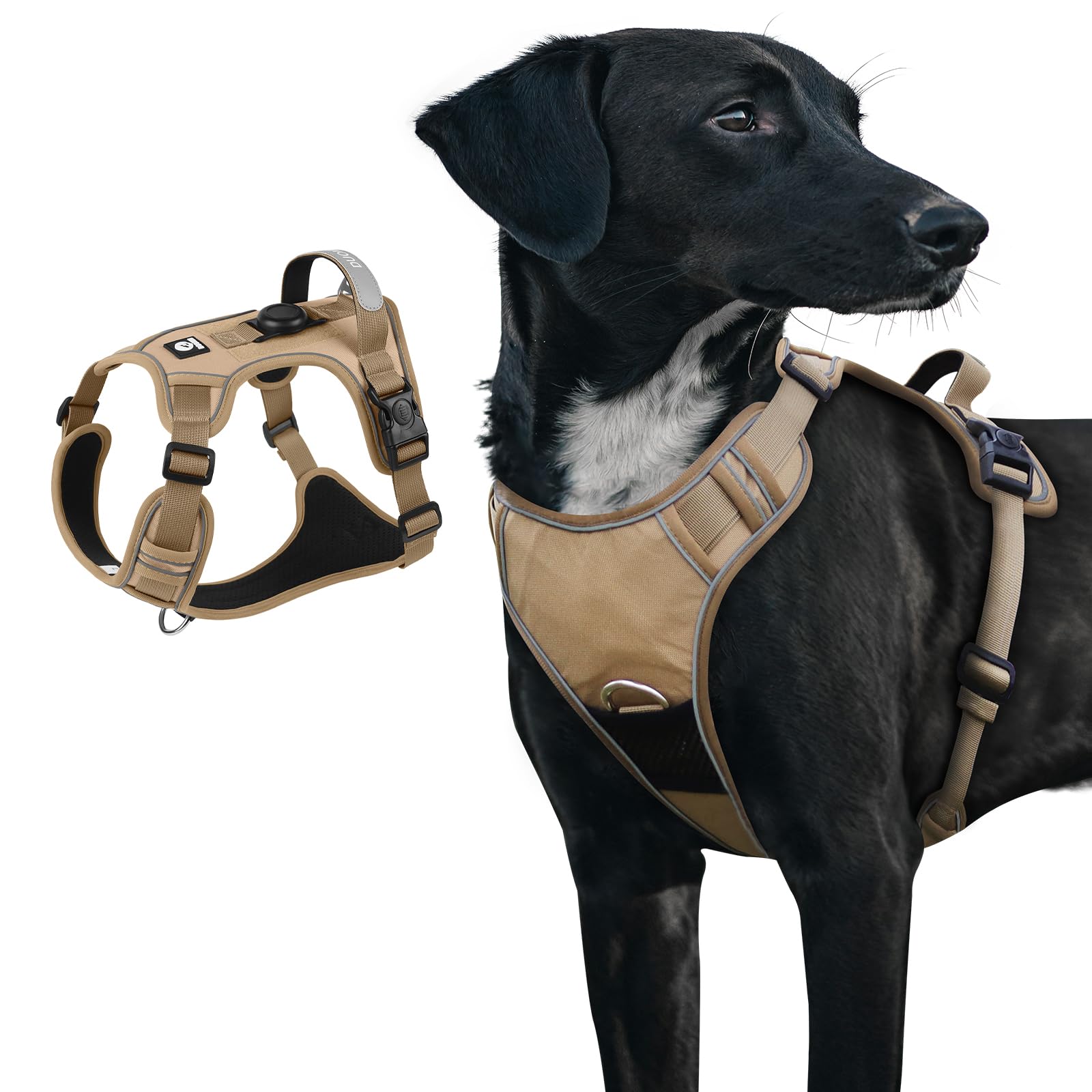 Dog Harness, Upgraded Escape Proof Adjustable Vest Puppy Outdoor Walking, Soft Breathable Jacket with Reflective Strips for Dark Night 559 (Khaki, XL)