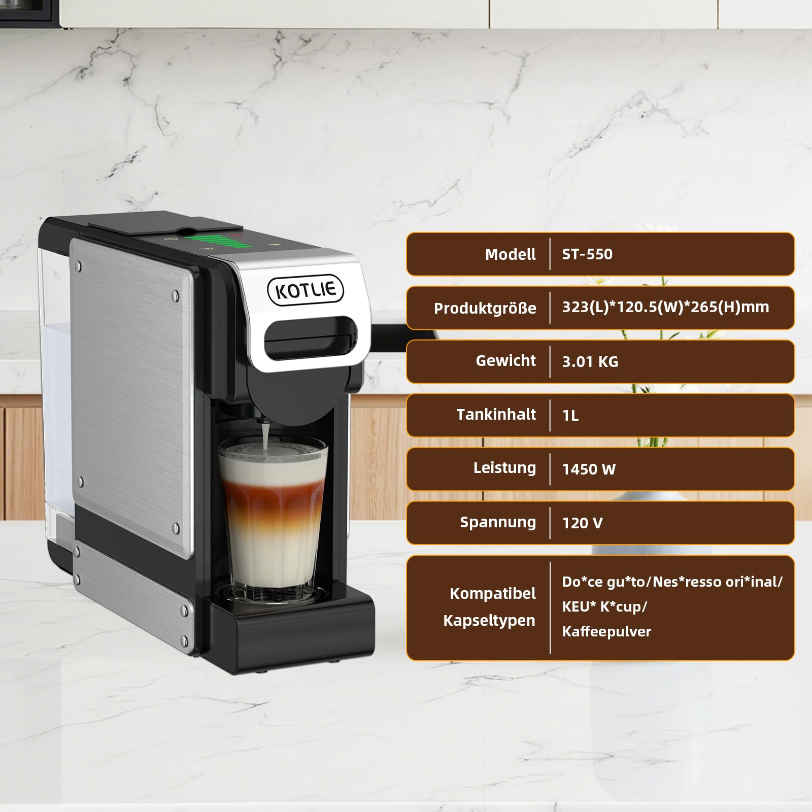 KOTLIE 550 Multi-Kapselkaffeemaschine für Kapseln und gemahlenen Kaffee | 4-in-1 für NES Original/DG*/Mio* Kapseln und Pulver,7 Wassermengen, 1L Wassertank, Kompakt.