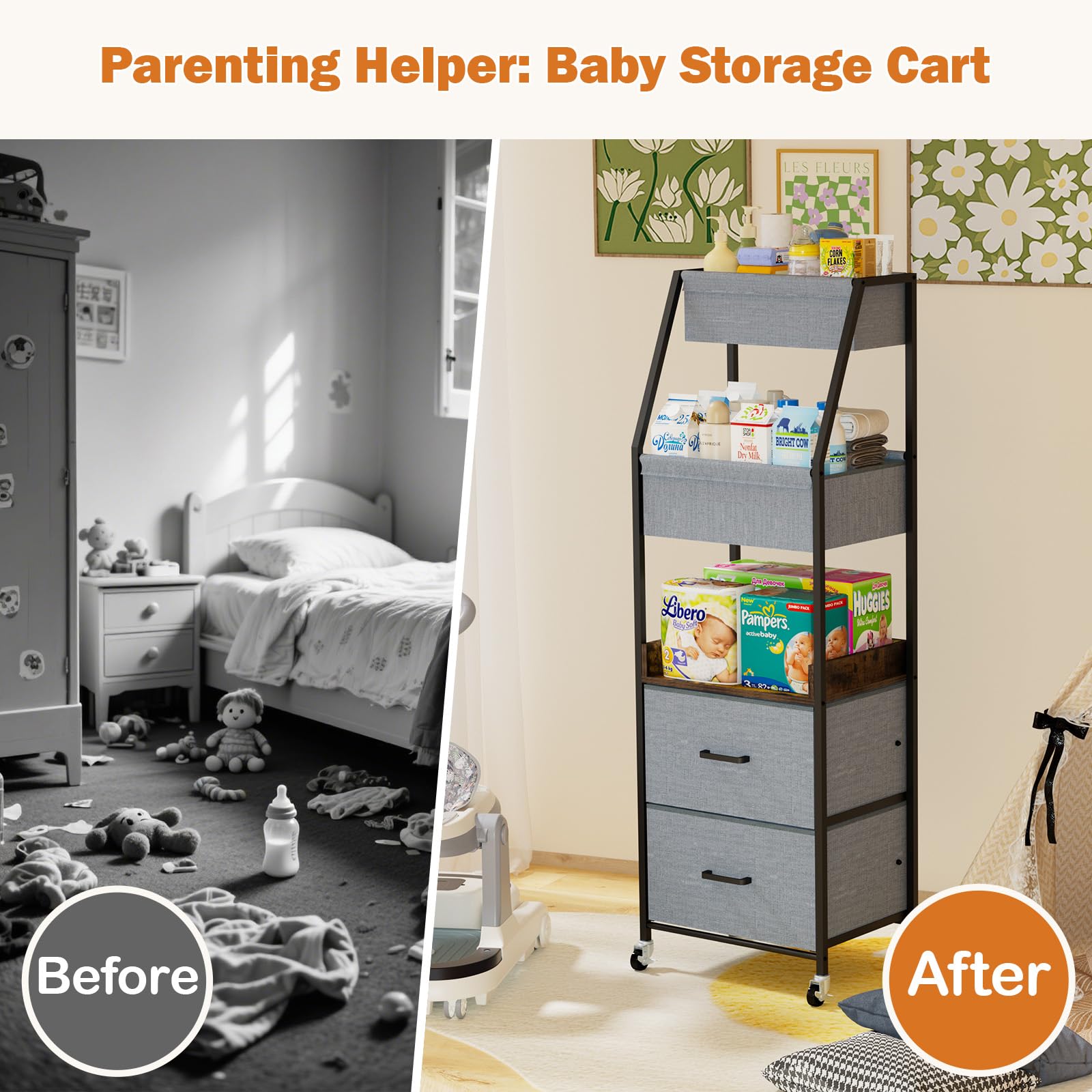 Organizador de Pañales Móvil de 5 Alturas, Cómoda con Ruedas y 2 Cajones para Artículos de Bébé, Organizador de Pañales Móvil de Madera y Metal para Habitación Bebé, Dormitorio (Nero)