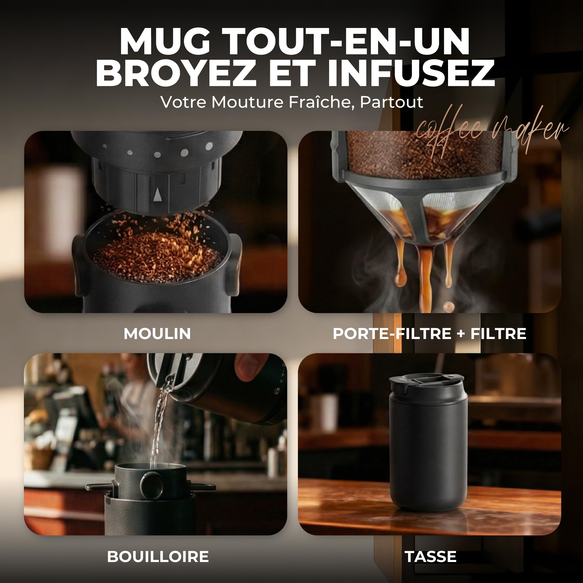 HAUSHOF Machine à Café Portable Pour-Over Tout-en-Un | Moulin Intégré, Mug Isotherme Indépendant 400 ml, Sans Fil, 4-en-1 Grind & Brew, Idéale pour Voyage et Camping, Noir