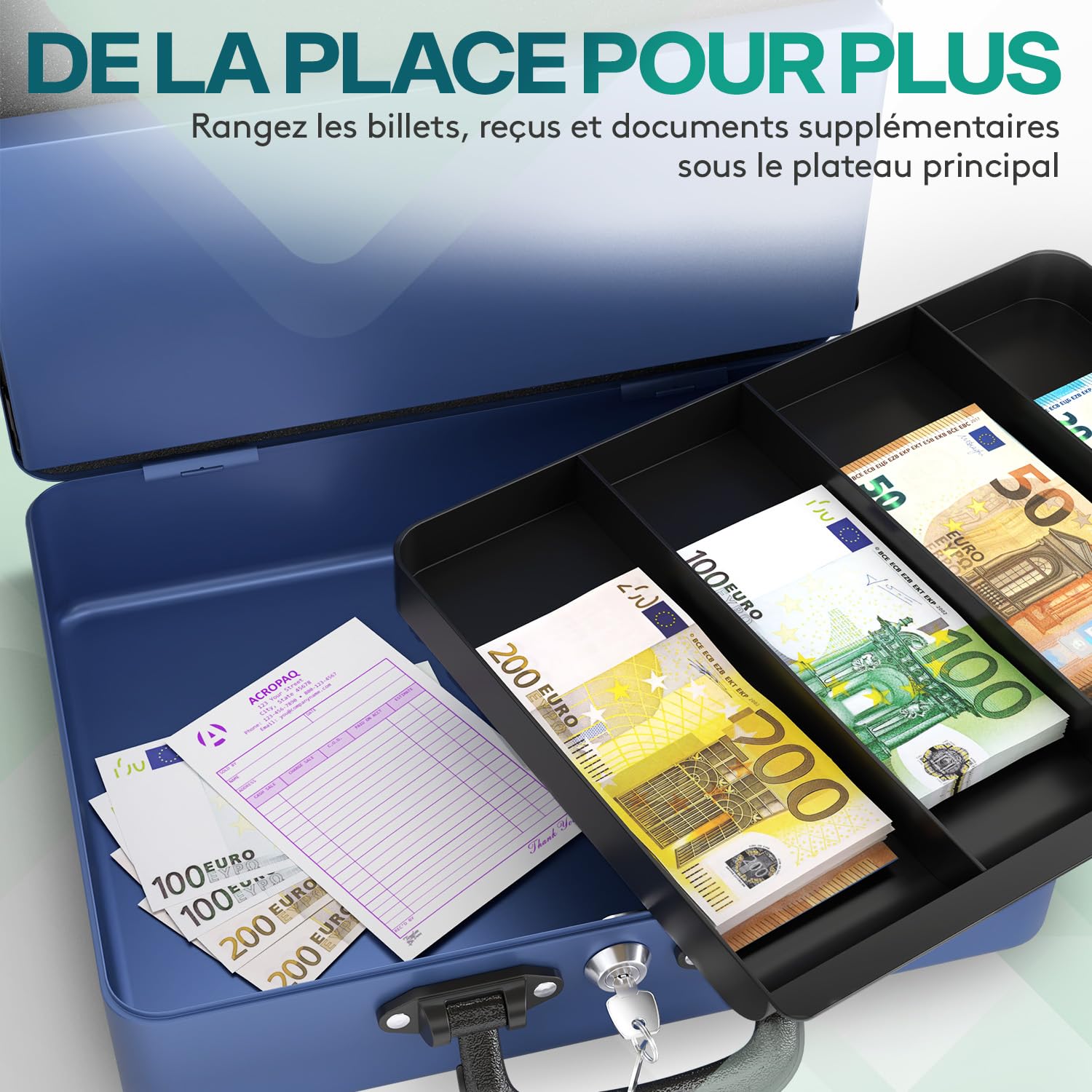 ACROPAQ Caisse monnaie grande professionelle avec monnayeur et 2 clés, Bleu