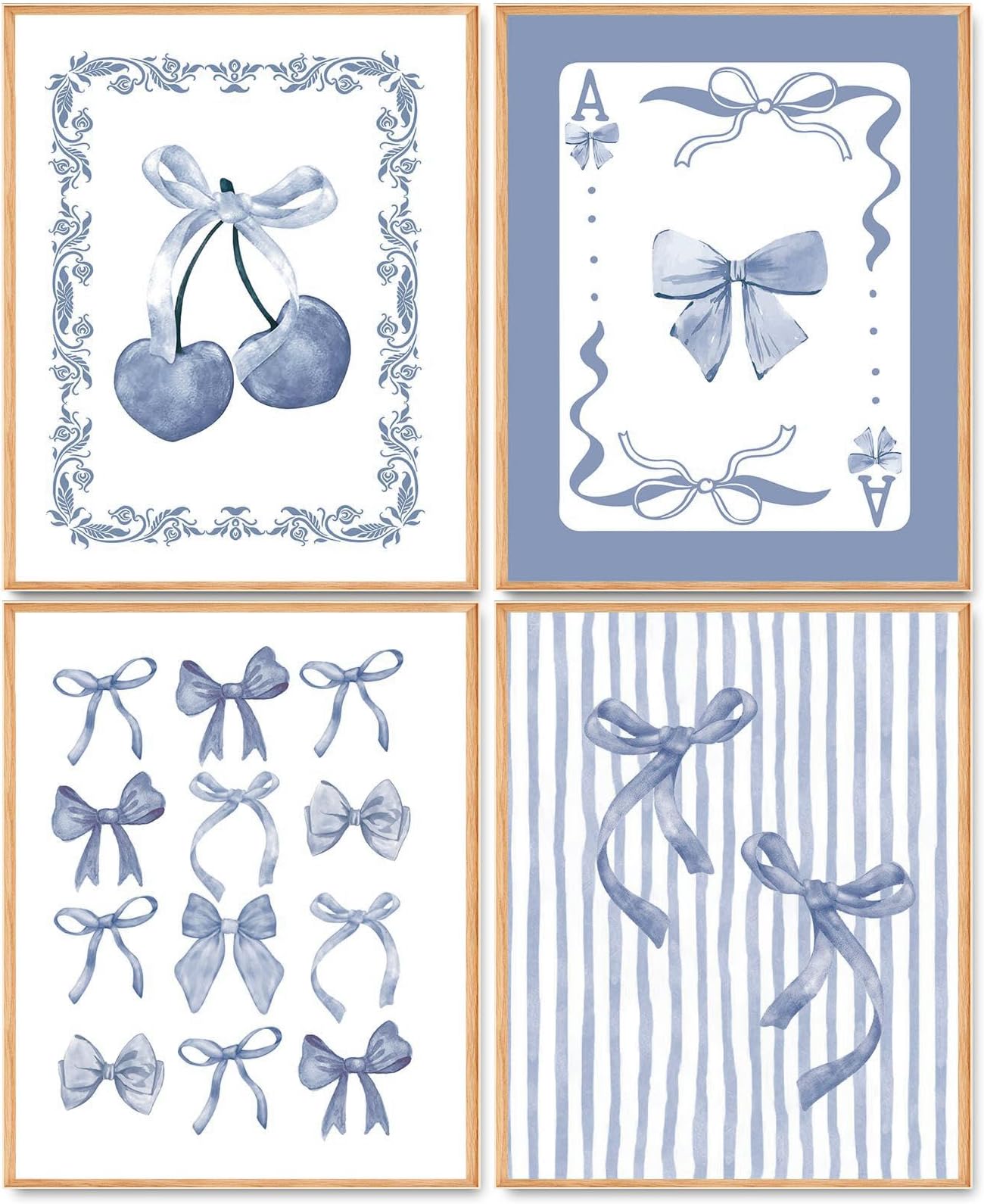 Hapons Coquette Blue Bow Wall Art Decor Posters, Trendy Blue Bow Cherry