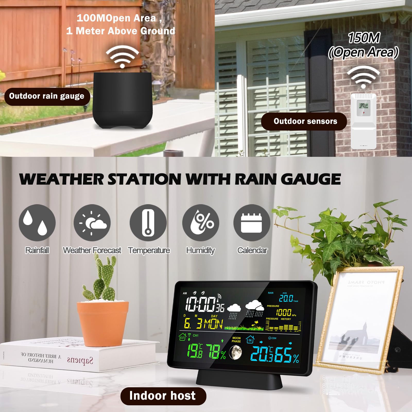 Stazione meteo wireless per interni ed esterni con pluviometro, stazione meteo domestica con termometro, orologio atomico, monitoraggio dell'umidità, previsioni meteo e barometro, pluviometri digitali