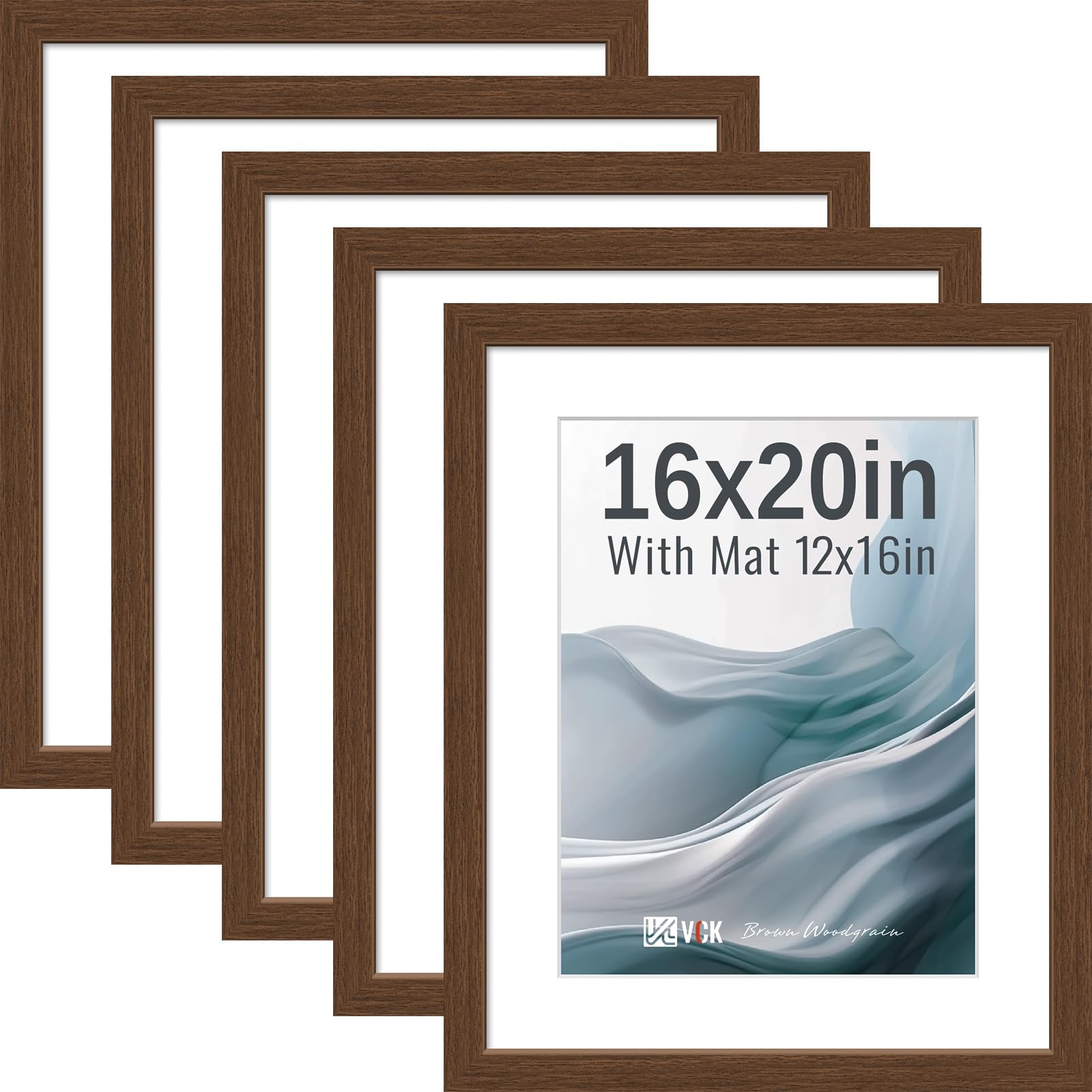 VCK 16x20 Picture Frame 5 Pack, Brown Exclusive Wood, HD Glass, for Print