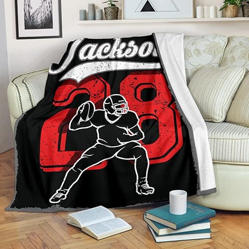 Miniatura 5 de Manta de forro polar Sherpa de alta calidad para jugador de mariscal de campo de fútbol, color negro, con número de nombre, impresión 3D, cálida,