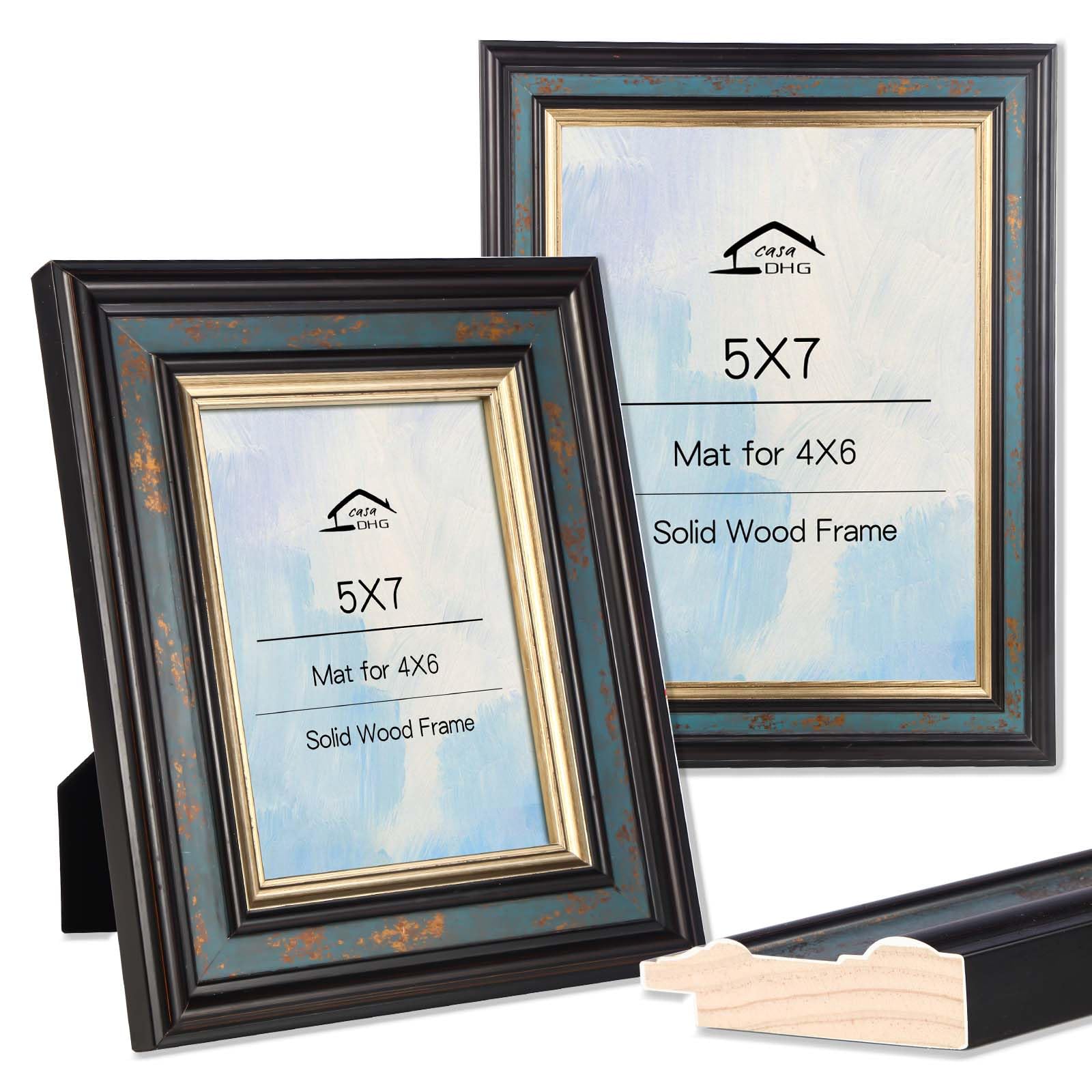 CasaDHG 2 Pack 5x7 Vintage Wooden Picture Frames with Glass, Retro Design for Home, Office & Wedding Decor, Blue