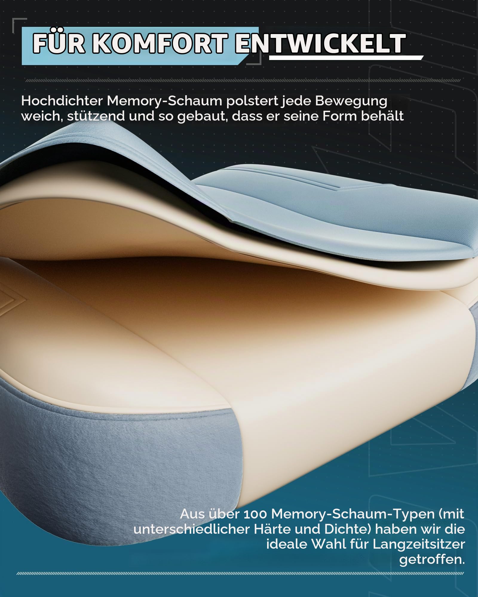 LUCKRACER Gaming Stuhl Stoff, Bürostuhl mit verbundenen Armlehnen, Memory-Schaum-Kissen, 90–155° Neigungswinkel und Fußstütze, strapazierfähigem Funktionsgewebe, blau