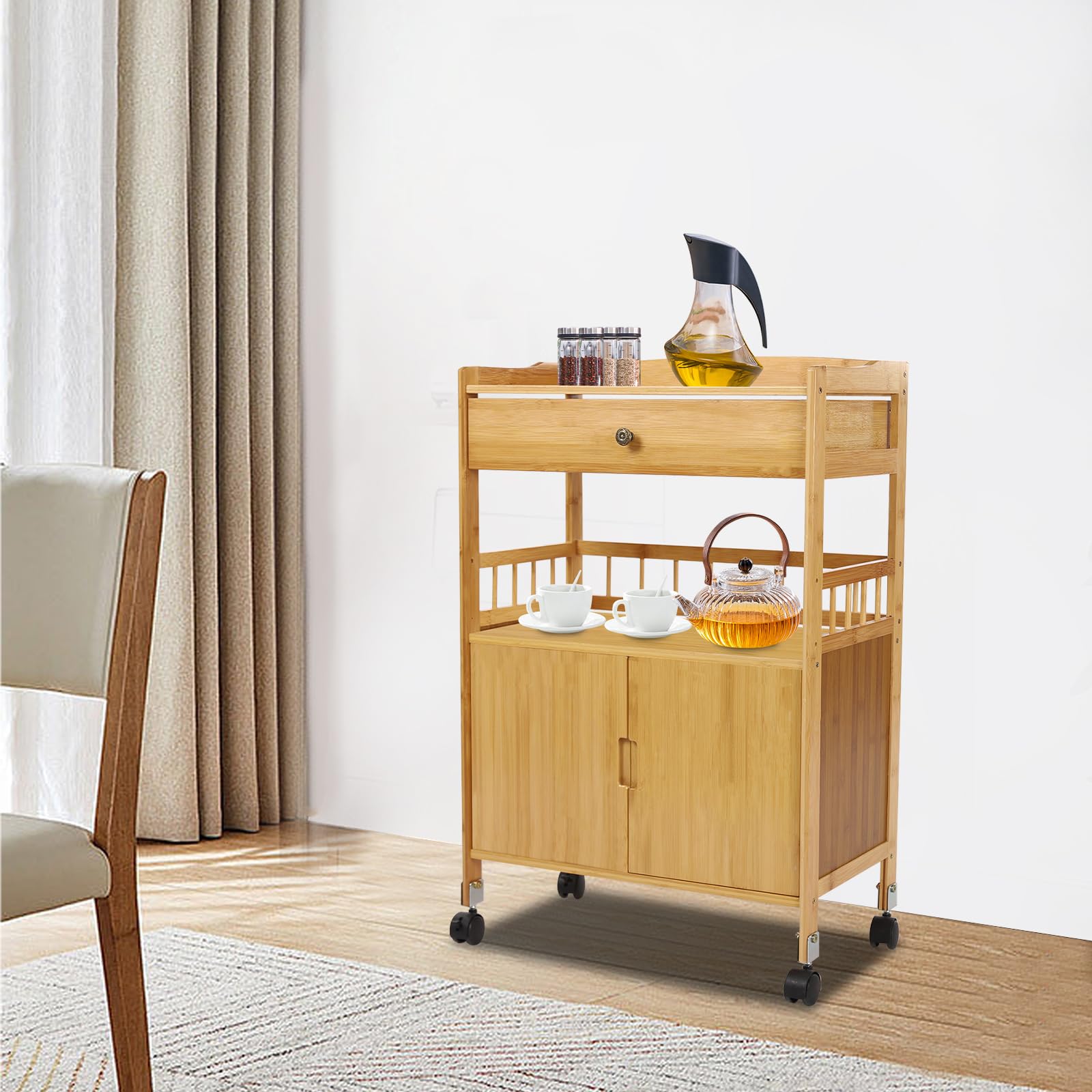 Bambus Küchenwagen mit Schublade und Schrank, Servierwagen auf Rollen, Lagerschrank mit 2 Ebenen und Universalrädern, Küchenrollwagen für Wohnzimmer, Esszimmer, Schlafzimmer, Natur (Log Color)