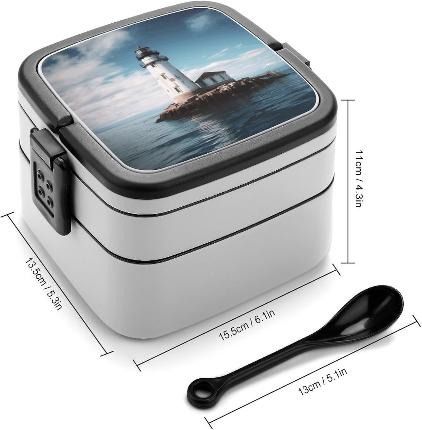 Light House Bento Box Adult Lunch Box Containers with Spoons Double Layered Lunch Containers Portable Lunch Boxes Food Container for Work Picnic Travel
