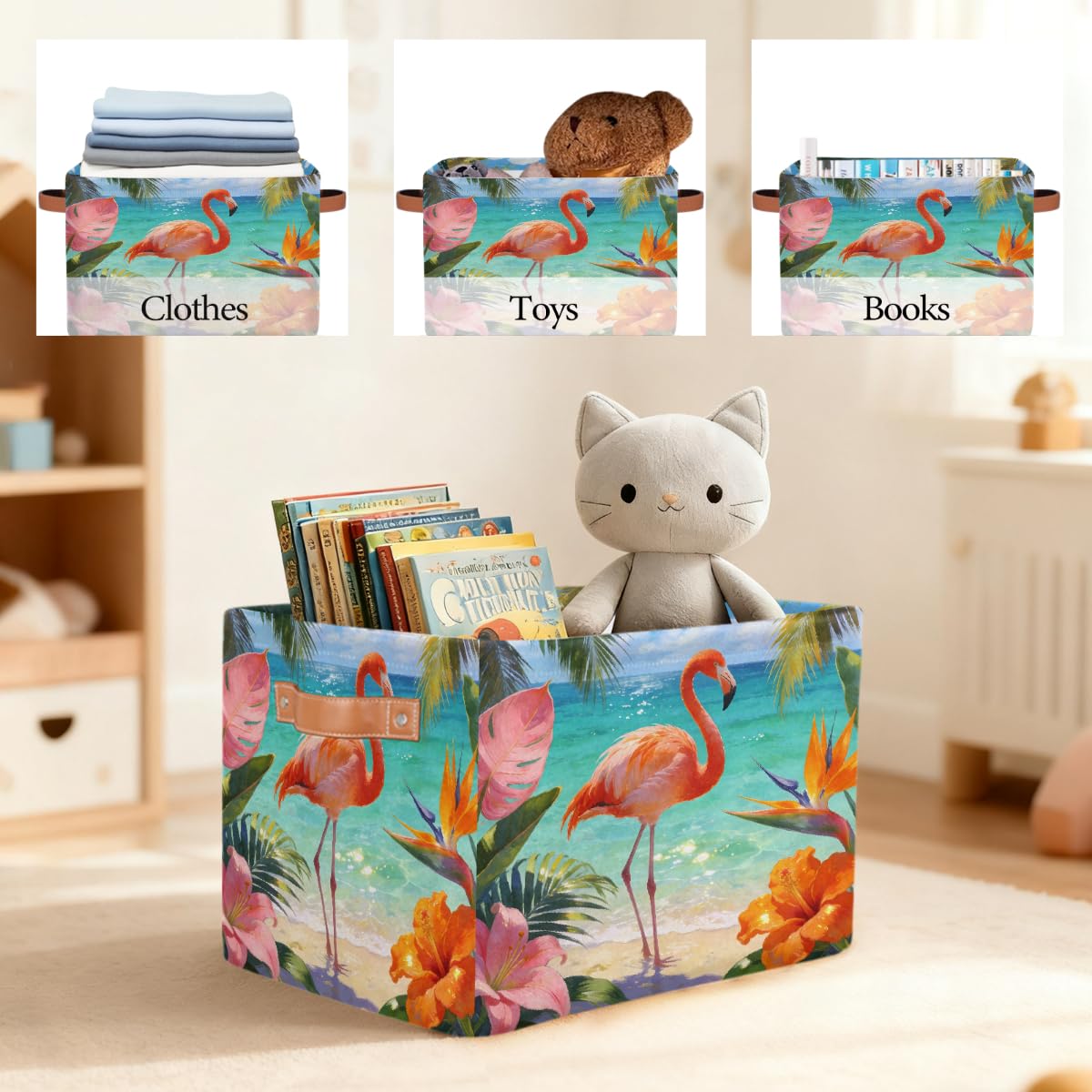 Summer Beach Flamingo Rechteckiger Aufbewahrungskorb mit Ledergriffen, 2 Stück, faltbarer Stoff-Aufbewahrungskorb für Schrank, Badezimmer, Wohnzimmer, Büro, Spielzeug, Organizer, Wäschekorb