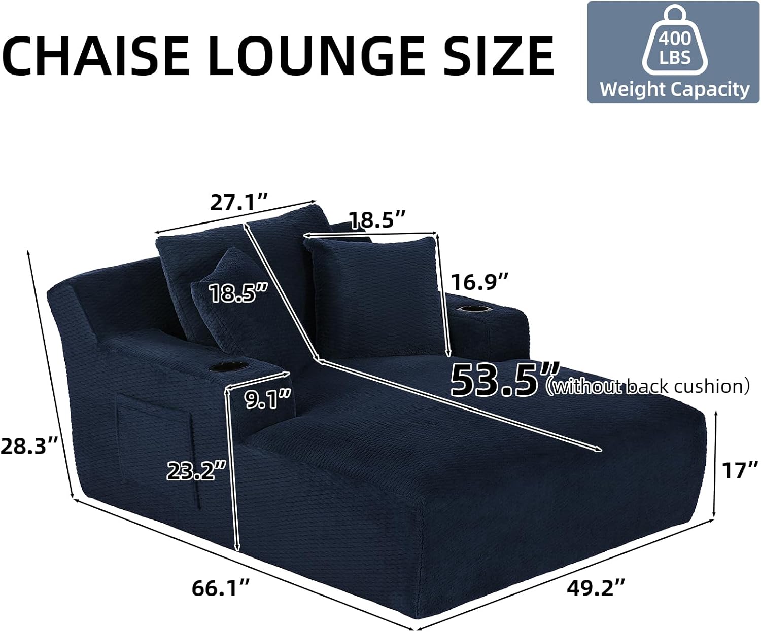 Oversized Chaise Lounge Chair - Upholstered Couch Cloud Boneless Couch,Deep Seat Sleeper Sofa with Cup Holders and Side Pockets,Comfy Reading Chair for Living Room (Dark Blue)
