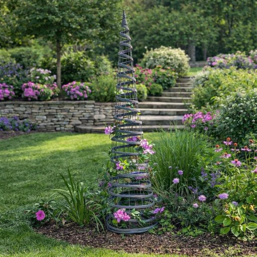 Garden Mile Rattan Garden Obelisk Cone Climbing Plant Support 135m Metal Frame Trellis Plant Support Trellis for Climbing Plants, flowers Faux Rattan Garden Outdoor Heavy Duty Spiral Obelisk in Grey