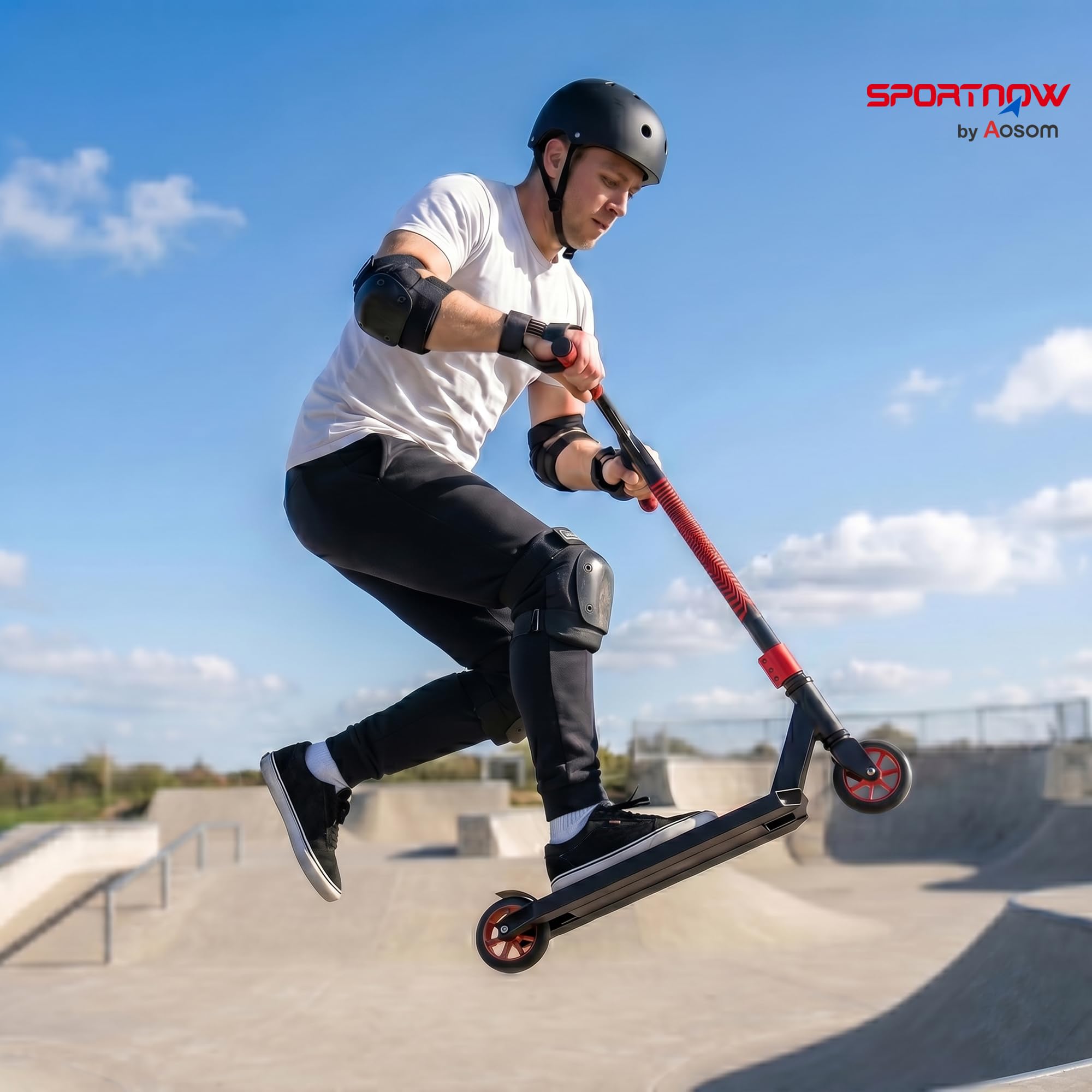 SPORTNOW Scooter Acrobático Freestyle Manillar 360° ABEC-9 Adultos Rojo | Ruedas de PU de 120 mm, Marco de Aluminio Acero, Antideslizante, Adolescentes, Skatepark