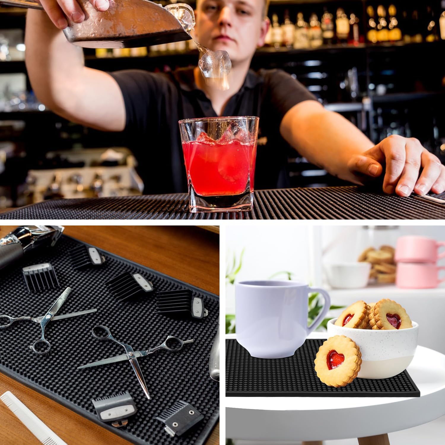 4 Pack 12 x 24 Inch Black Coffee Bar Mats, Rubber Bar Mat, Anti-Slip Bar Spill Mat for Countertop, Bartending, Kitchen, Dining Table