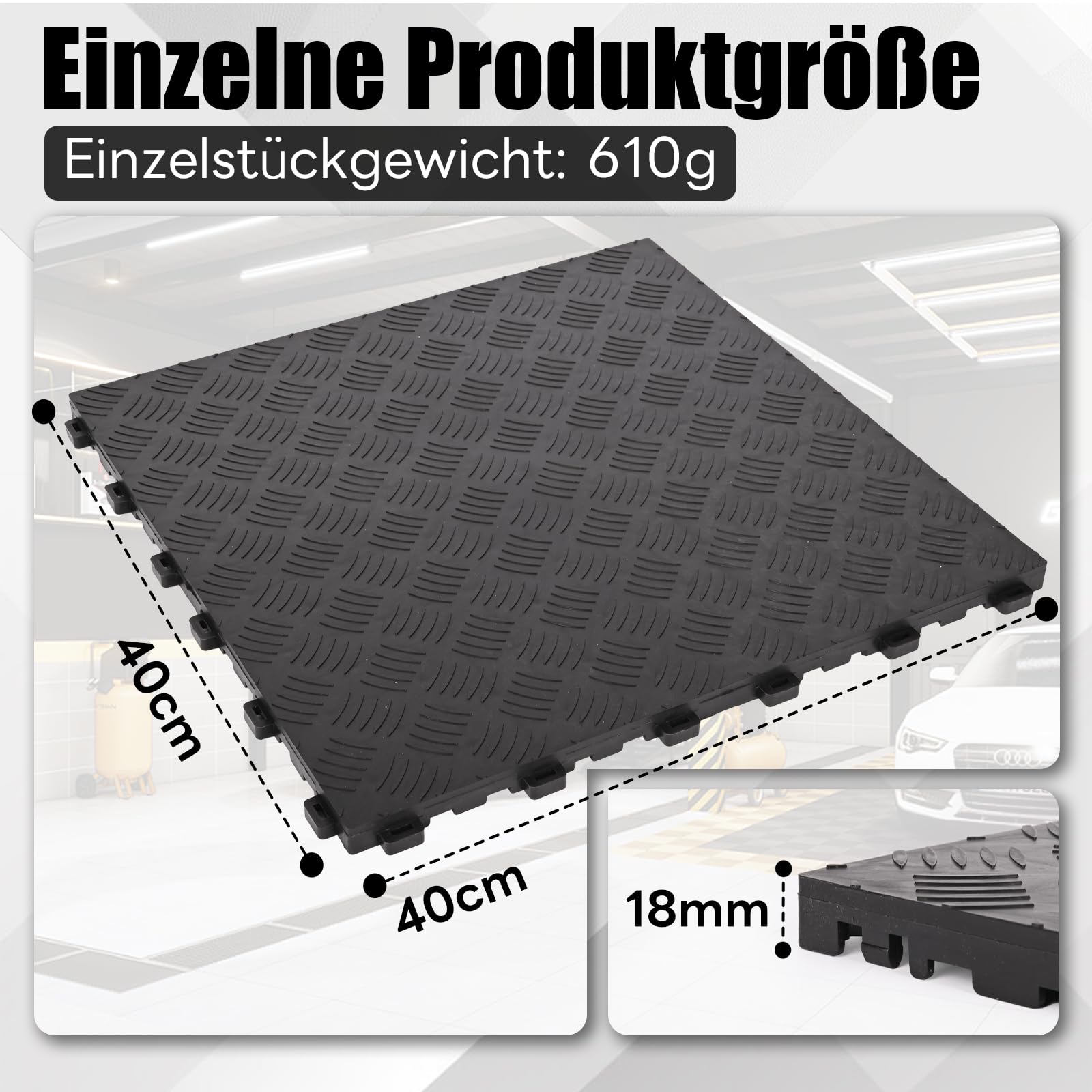 uyoyous 20 Stück PVC Garagenboden, 40x40cm Ineinandergreifende Garagenbodenfliesen, 18mm Dicke rutschfeste Bodenbelagsfliesen, Strapazierfähiges Garagenbodenbelag (20, Schwarz, 40 * 40 cm)