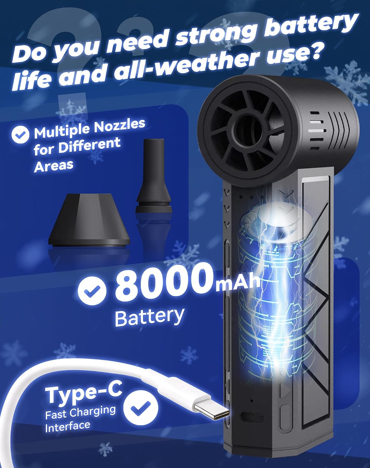 Snow Blower for Car – Portable Snow Blower for Car, 130,000rpm, with LED Lights, Scratch-Free Paint-Safe Design, 30w Pd Dual Charging, 2-in-1 Blower & Vacuum, 3-Speed, Versatile Use