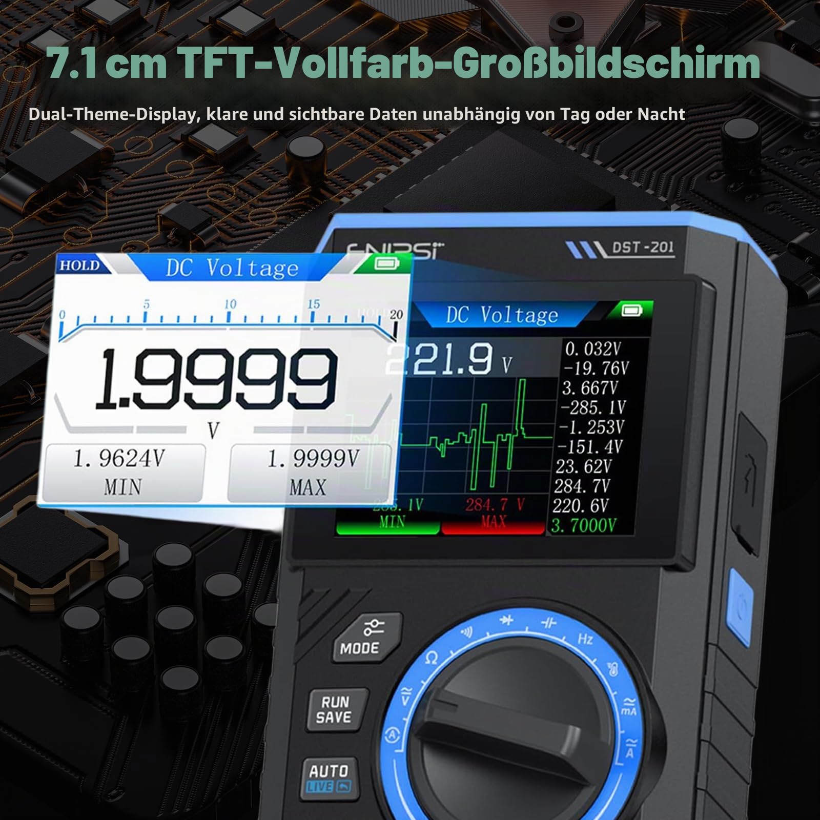 DST-210 Handheld Oszilloskop, 3 in 1 Digitales Oszilloskop Tragbar 1MHz 5MSa/s Abtastrate 19999 Counts TRMS 2.8'' TFT Signalgenerator AC/DC Spannungstest Kondensator Widerstand Diode