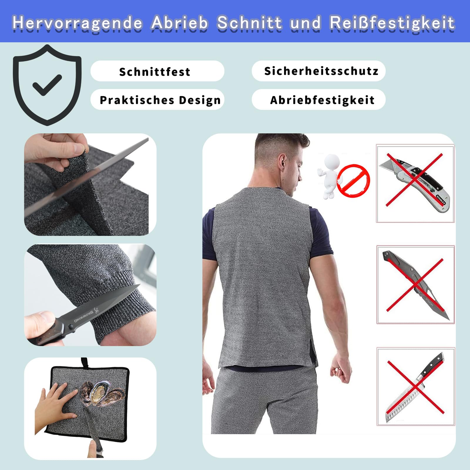 Level 5 schützende langärmelige,Schnittfestes T-Shirt,Stichsichere Kleidung,Schutzausrüstung,stoß- und stoßfest,Für Sicherheitsschutz,tägliches Pendeln,feuchtigkeitsabsorbierend atmungsaktiv