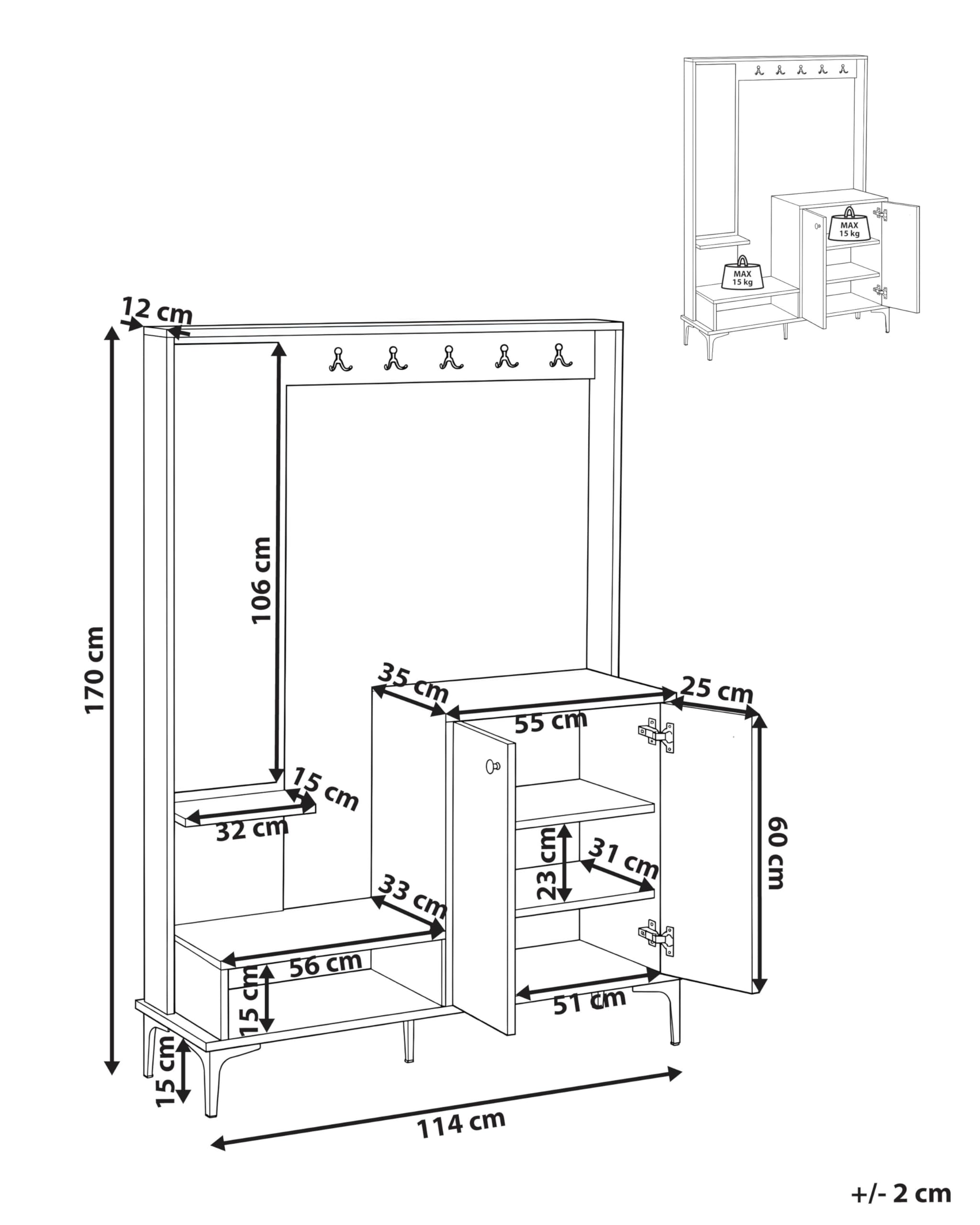 Beliani Mueble de recibidor con Zapatero 120 cm de Ancho x 170 cm de Alto con Armario Perchero y Espejo de aglomerado marrón Claro Broome