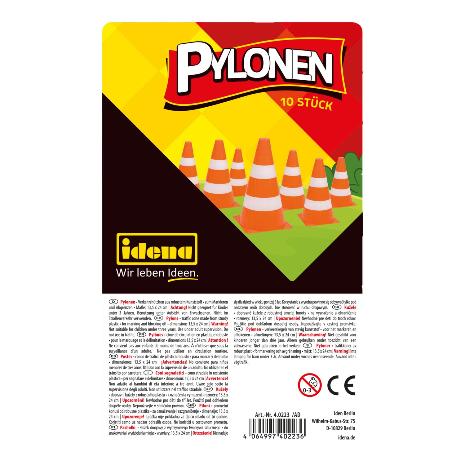 Idena 40223 - Pylony, 10 sztuk, 13,5 x 24 cm, plastikowe pachołki, do układania w stosy, pachołki drogowe do sportu, rekreacji, slalomu i wielu innych.