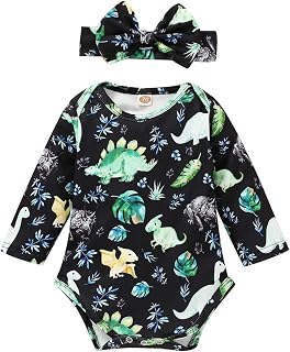 YOUNGER TREE Infant Baby Girl Dinosaur Plant Romper Long Sleeve Cartoon Print Bodysuit with Headband 2Pcs Outfits Clothes