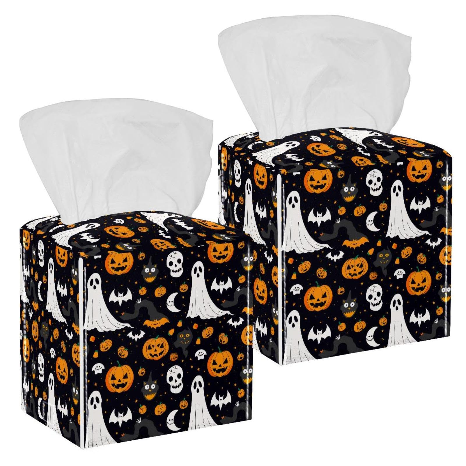 Pumpkin Halloween Bat Tissue Box Cover, 2 Pack PU Leather Square Facial Tissue Dispenser Box holder for Home Office Car