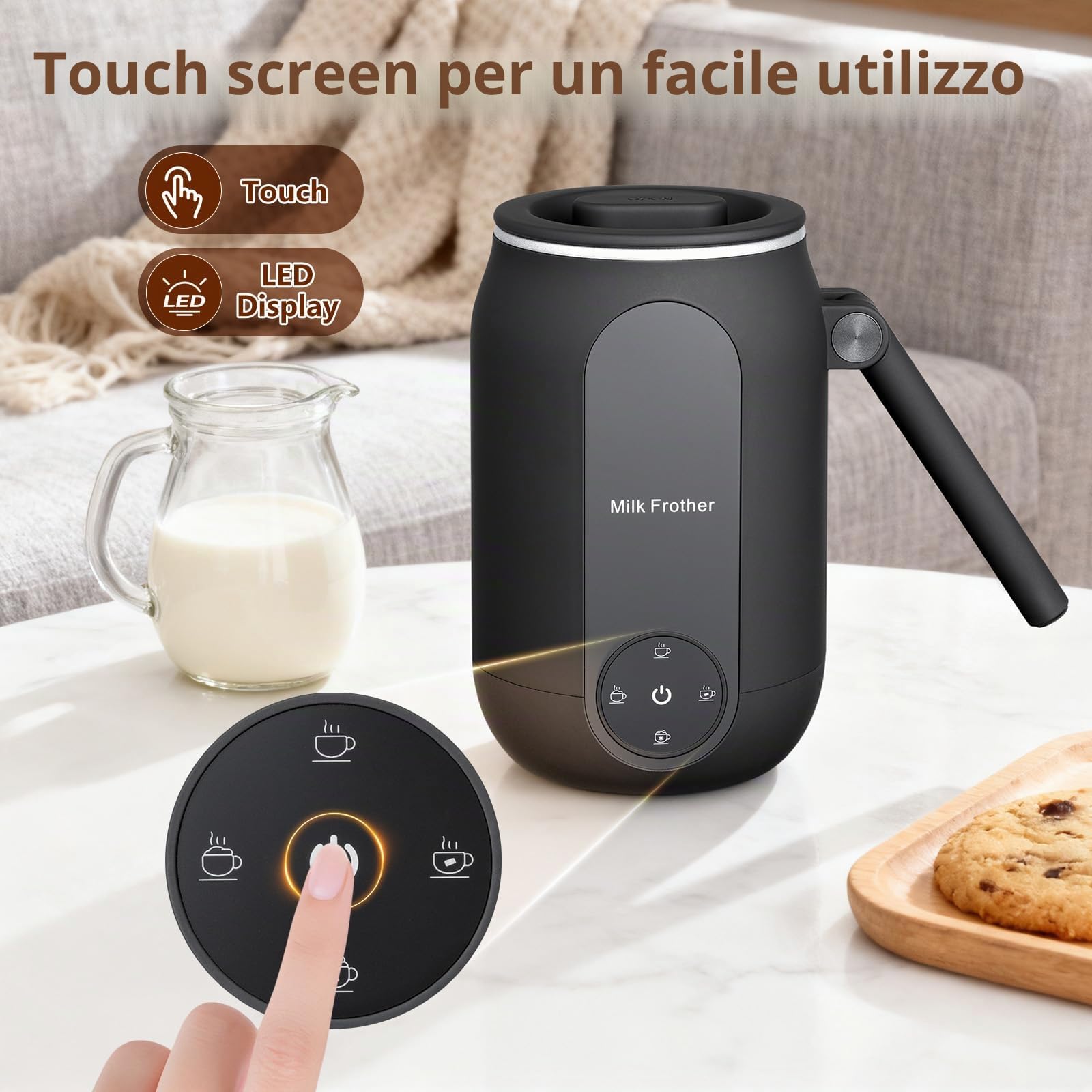 Montalatte e Schiumatore, Montalatte Elettrico 4 in 1 con Controllo Touch Intelligente e Manico Pieghevole Macchina per Schiuma Calda e Fredda per Caffè Latte Macchiato e Cioccolata Calda