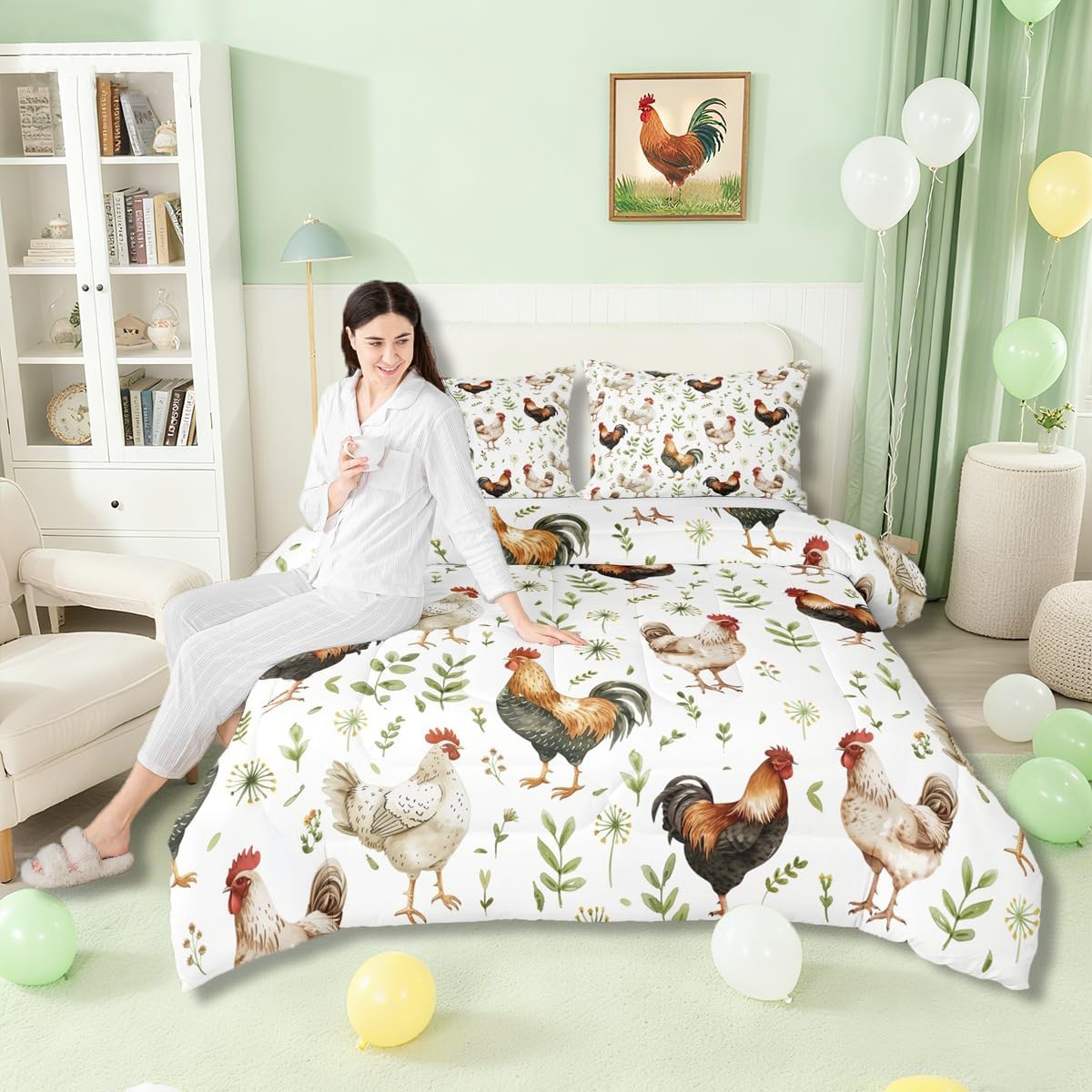 jejeloiu Lovely Chicken Bedding Set Farm Animals Full Size Rural Rooster Duvet Set for Boys Girls Teens Leaf Pattern Comforter Breathable Soft Lightweight Microfiber Room Decor Duvet Quilt