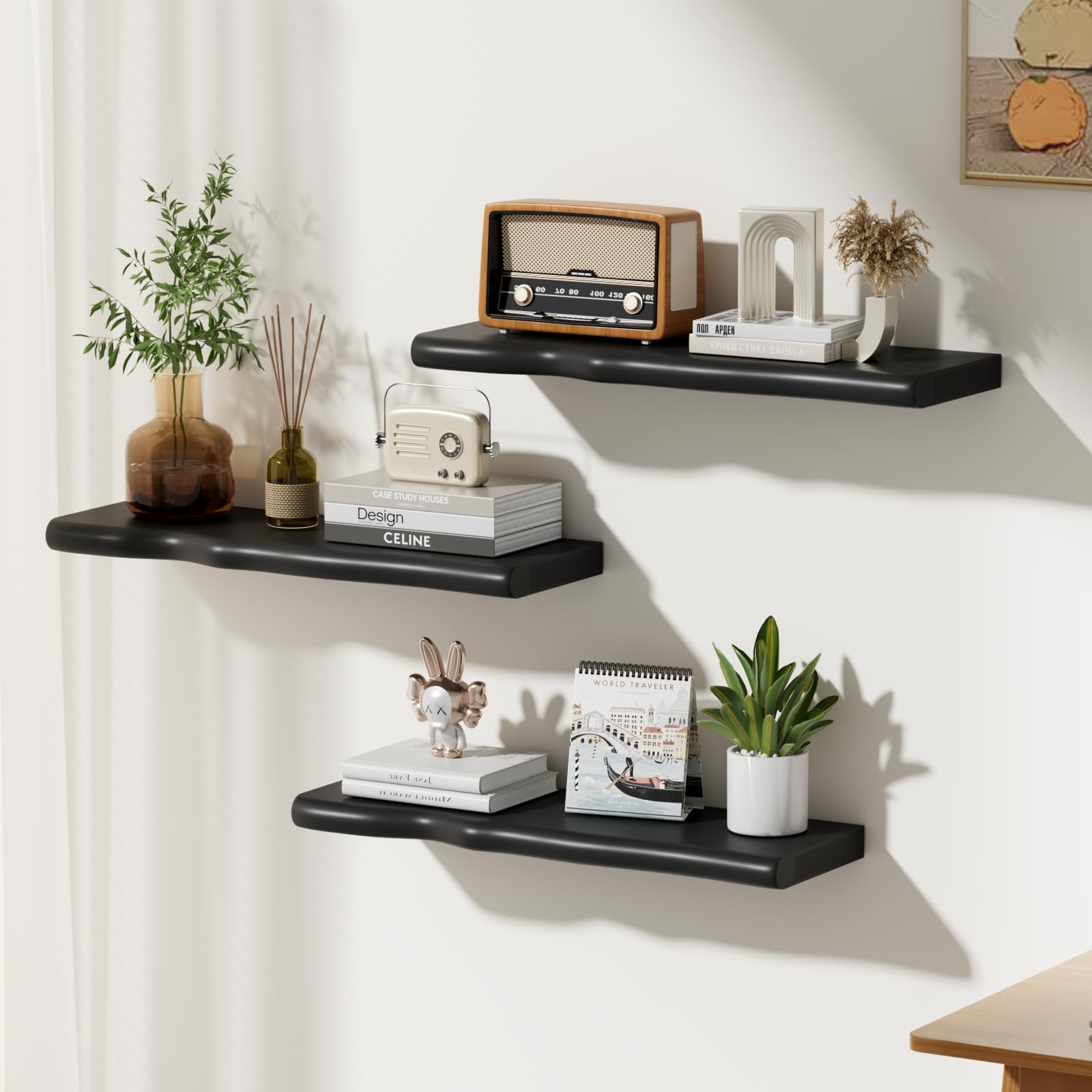 Floating Shelves for Wall Rustic Farmhouse 24 Inch Floating Shelf Bathroom Wooden Shelves for Wall Mounted Live Edge Pine Shelf with Unique Natural Grain for Living Room Bedroom Kitchen (Black)