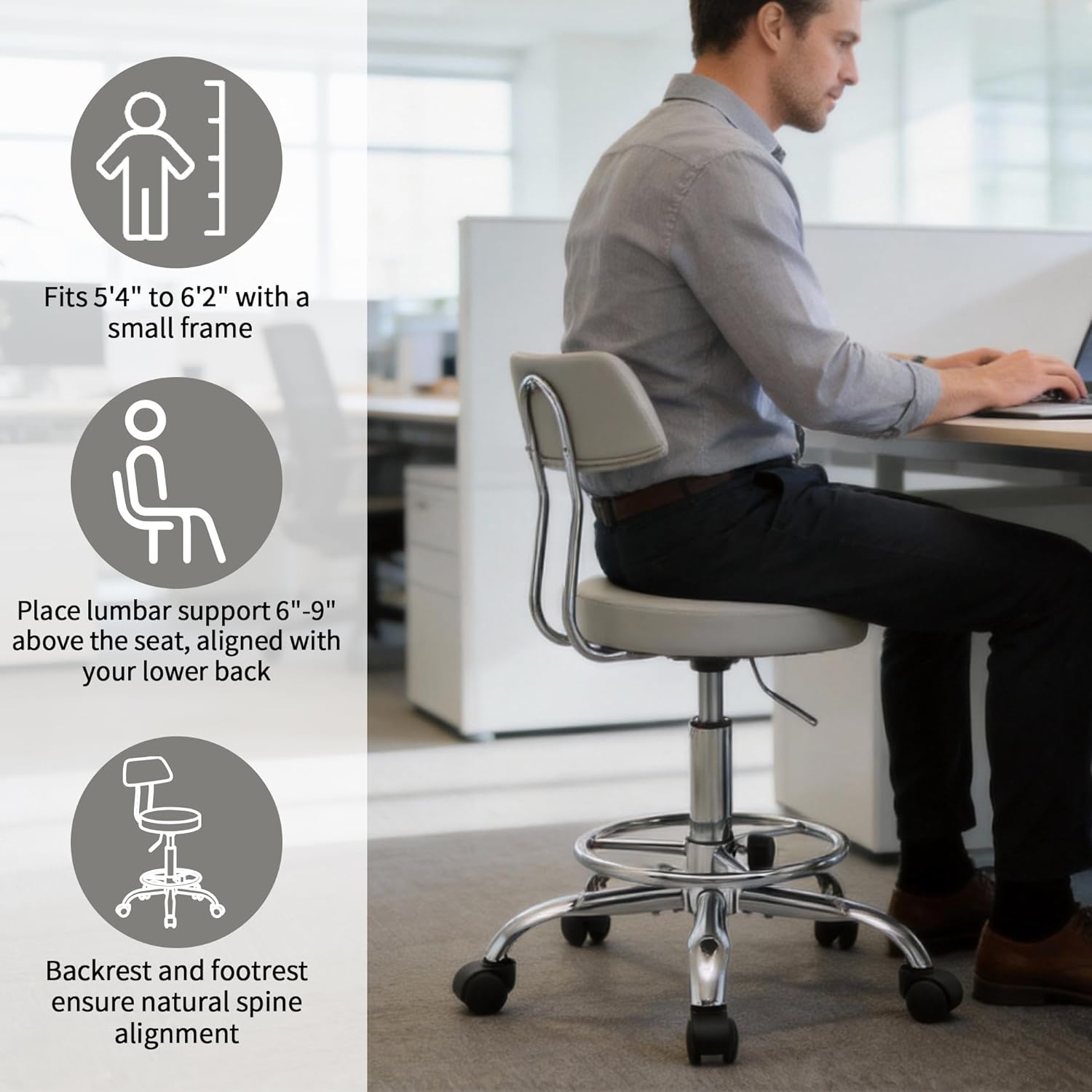 Drafting Stool (Height Adjustable Office Chair with Footrest 19.5"-26.6")(Drum Stool with Back) Space Saving Tattoo Chair (Gray)