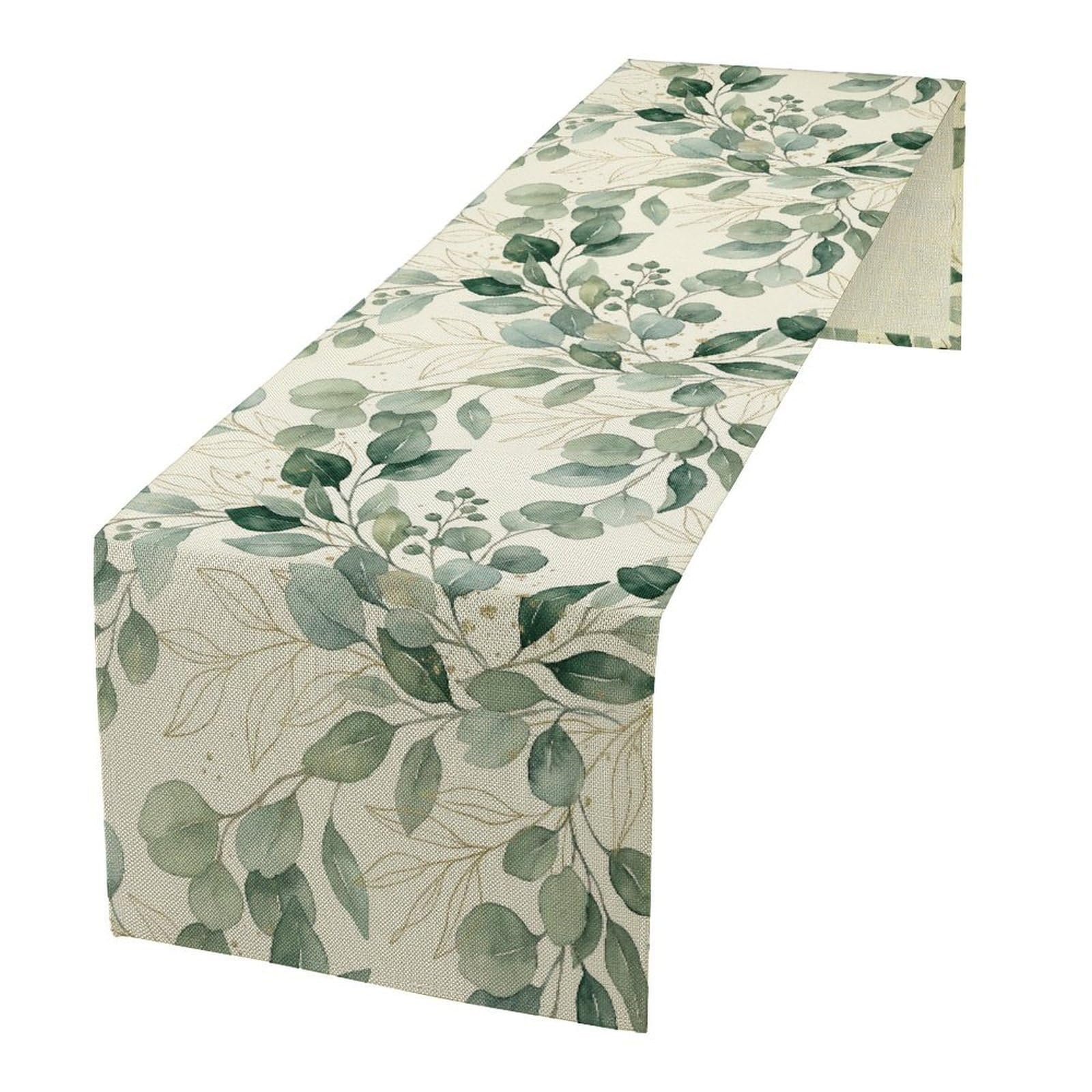 Phtayot Floral_34 Green Eucalyptus Leaves Table Runner Seasonal Linen Table Decor Farmhouse Decor Floral Leaves Spring Kitchen Dinning Table Decoration For Home Party Decor,13X36 Inch