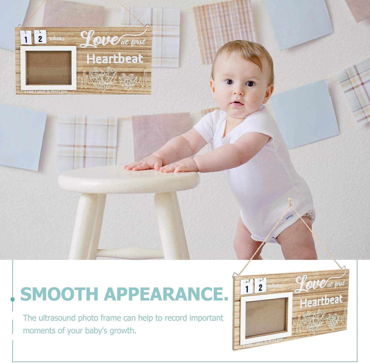 Wooden Picture Frame with Number Cards for Growth Photos, Beige Shower Decor and Nursery Display, Smooth Delicate Design for New Parents Desk Decoration