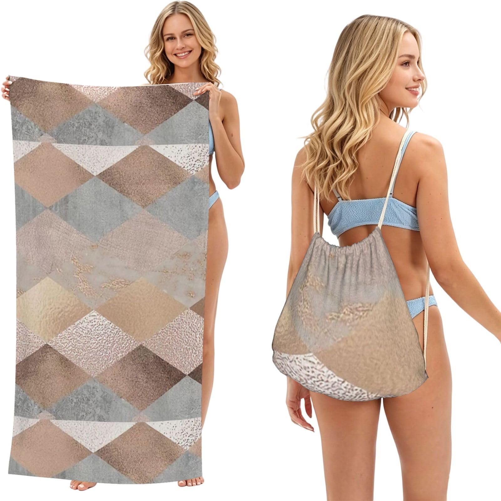 Poadnly As Picture Copper And Blush Rose Gold Marble Argyle, 2 In 1 Packable Towel Bag, Beach Towels With Drawstring Backpack For Travel Holiday Camping