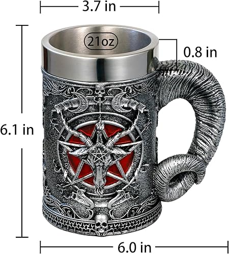 Miniatura 6 de alikiki Taza de cerveza medieval con cabeza de baphomet – Sabbatic Goat Pentagram Drinking Tankard de acero inoxidable de 21 oz taza de café para