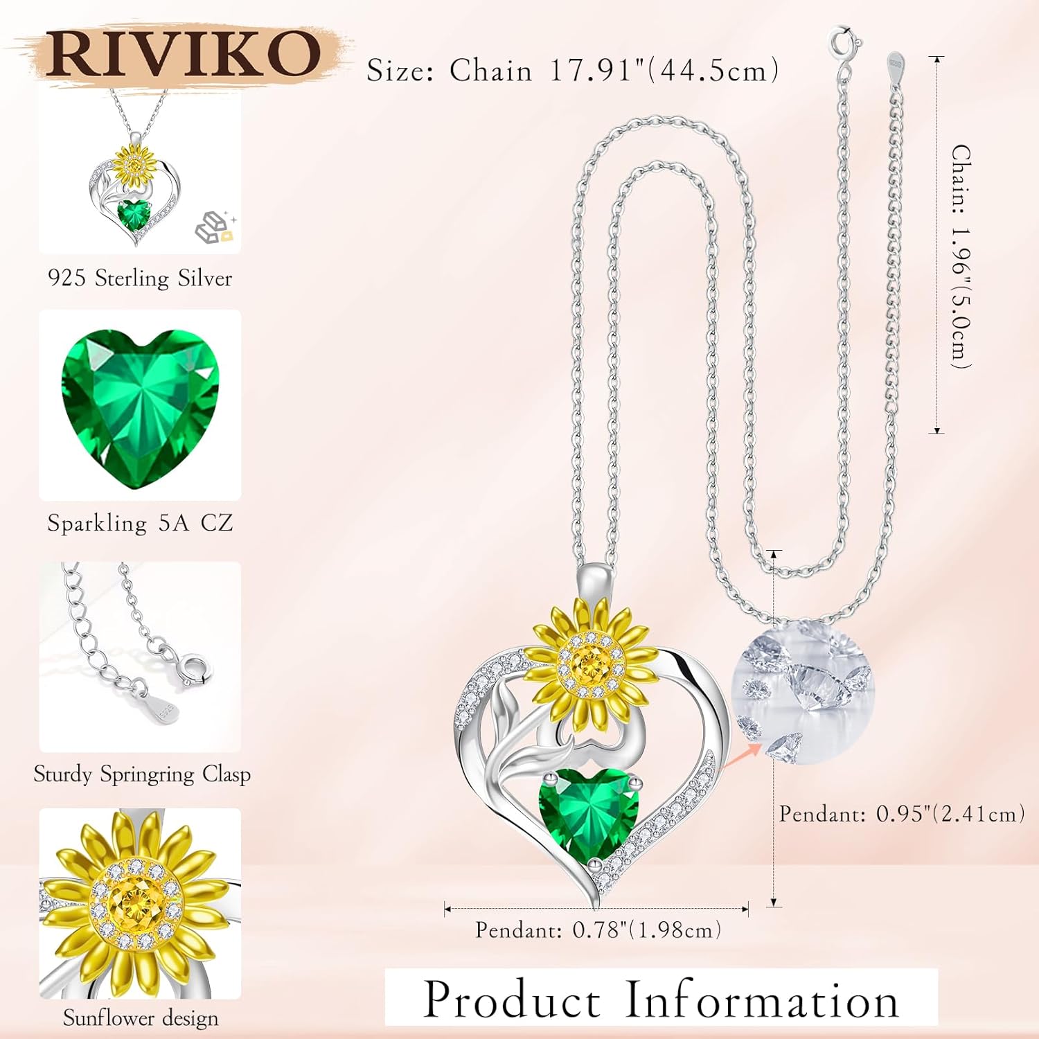 RIVIKO Valentine's Day Gifts for Her-Sunflower Birthstone Necklace for Women,925 Sterling Silver Heart Pendant,Anniversary Birthday Gifts for Women,Birthstone Jewelry for Wife Mother - Image 5